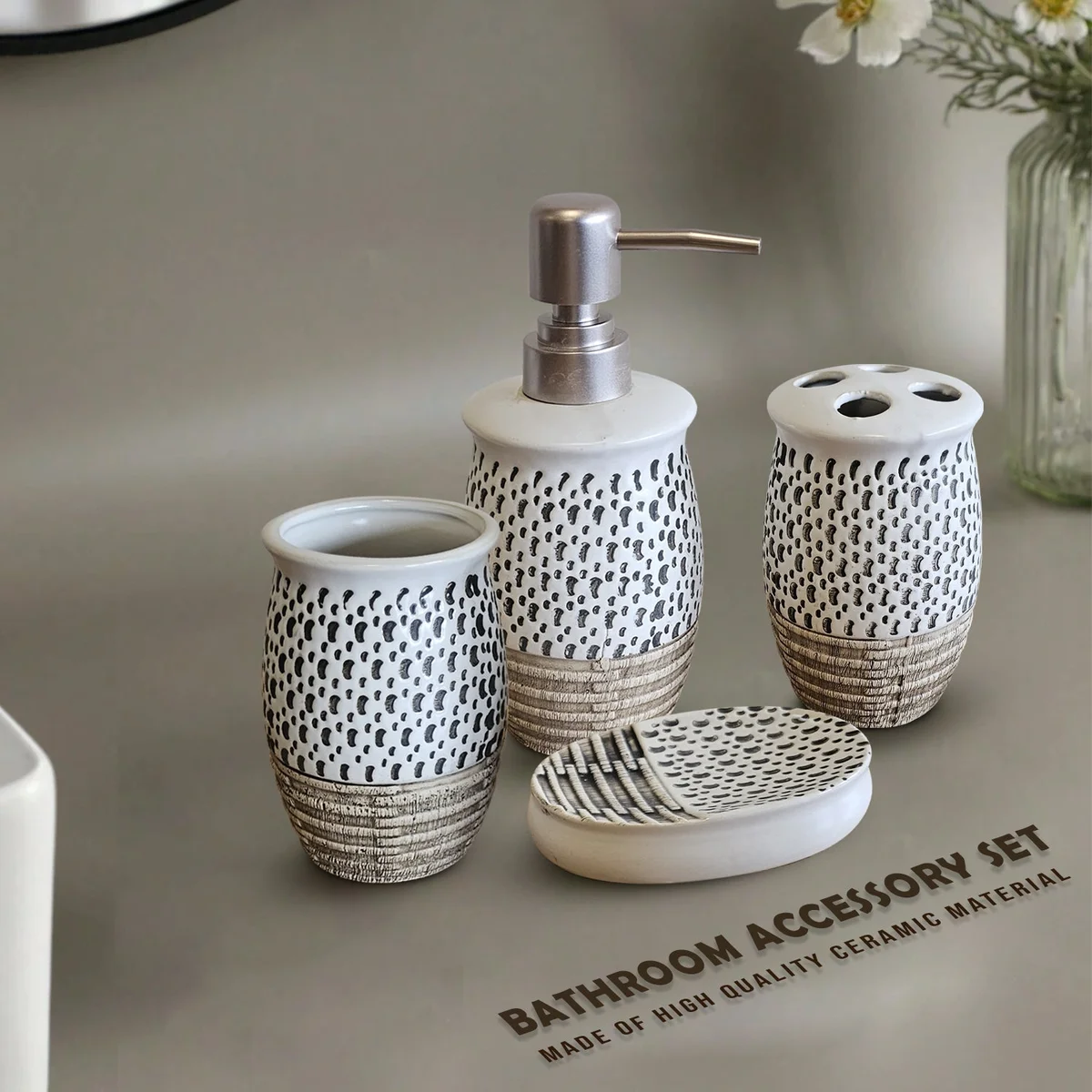 White modern ceramic toothbrush holder set with soap dispenser, tumbler, and soap dish, all with shiny finish