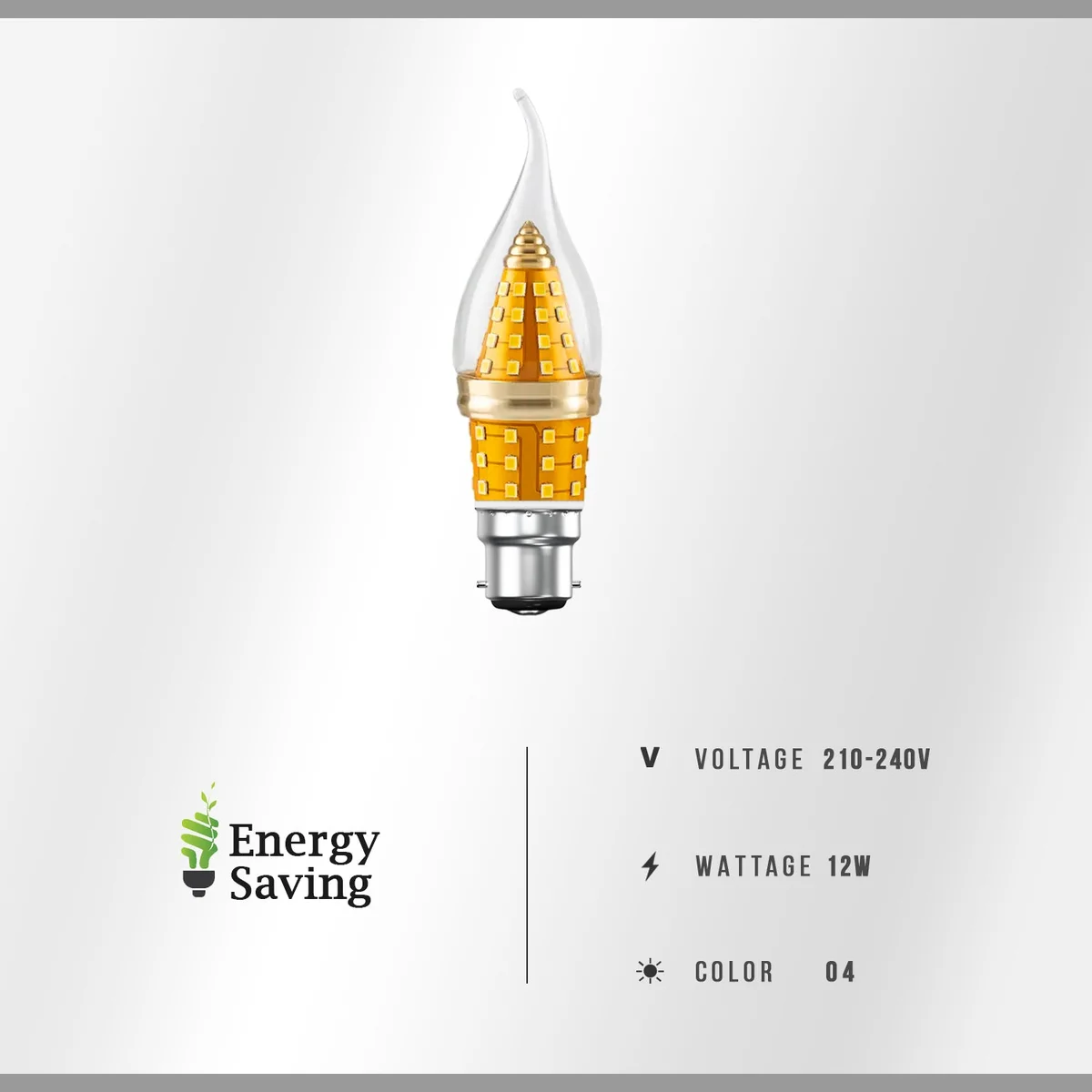 Amber LED bulb C35 candle shape with B22 screw base and vintage amber glass flame tip, 12W energy-saving design