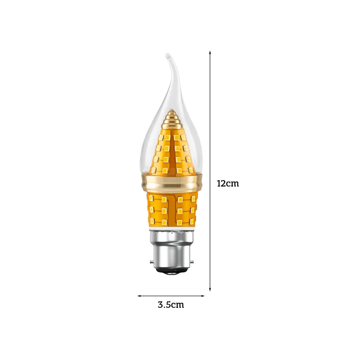 Amber flame tip C35 LED candle bulb with B22 base, vintage style, 12W, 360° light, amber glass finish