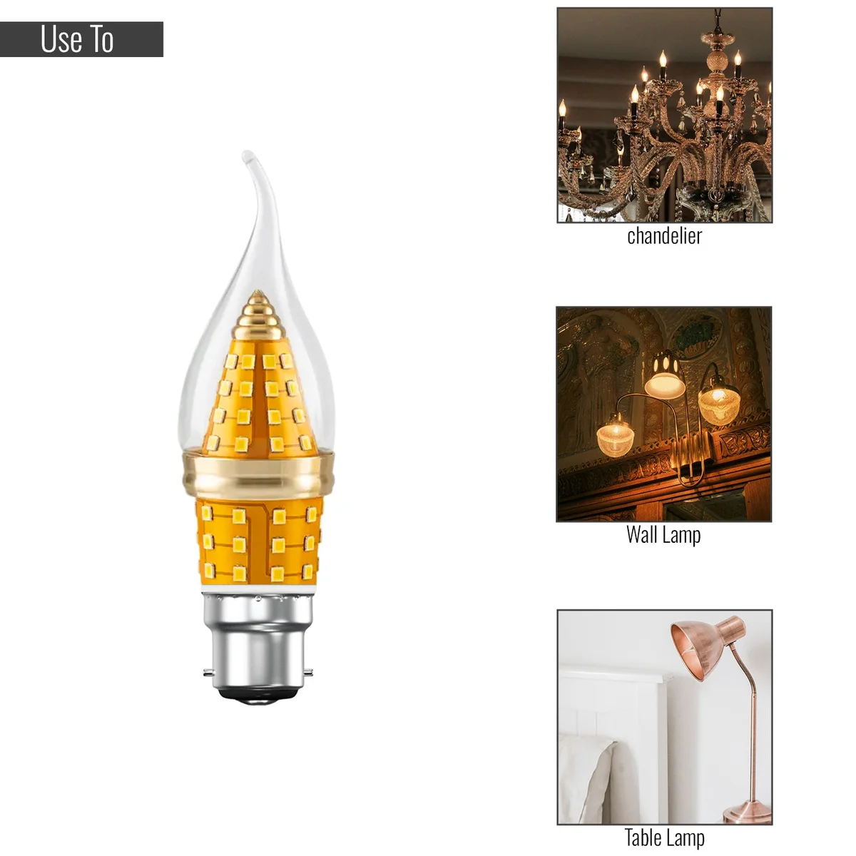 Amber flame tip C35 B22 candle bulb glowing warmly, showcasing energy efficient LED vintage design on wooden table