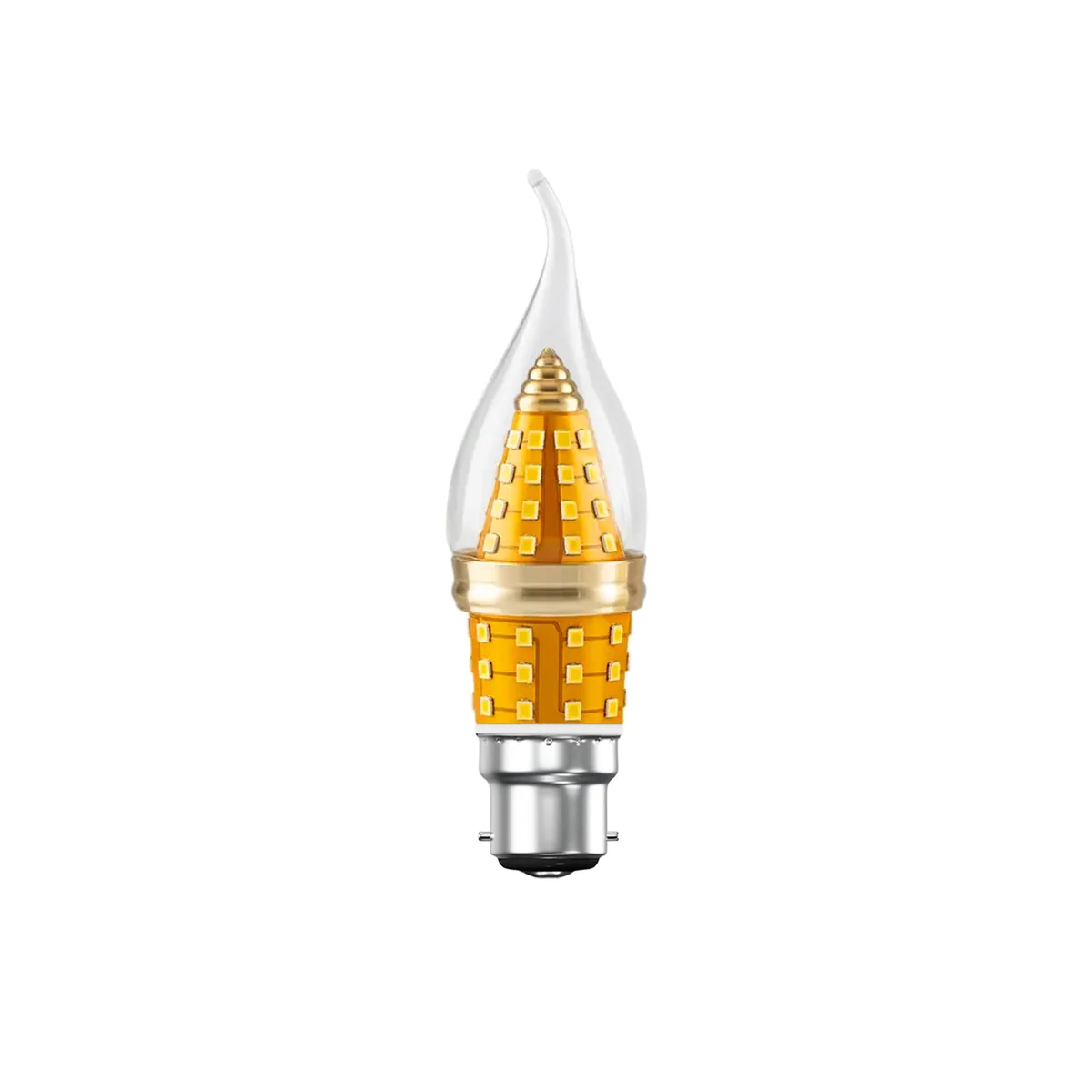 Amber flame tip candle shaped LED bulb with B22 screw base, vintage style, 12W, 360° light angle, glass body
