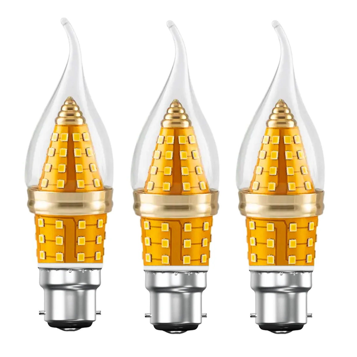 Amber flame tip 12W LED candle bulb with B22 screw cap, vintage style, shown glowing warm white light on black background