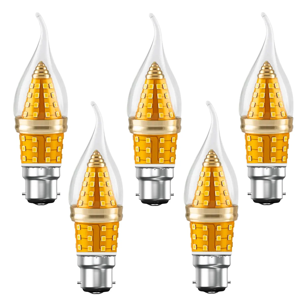 Amber flame tip 12W LED candle bulb with B22 screw base, vintage style, shown lit on a lamp socket against white background