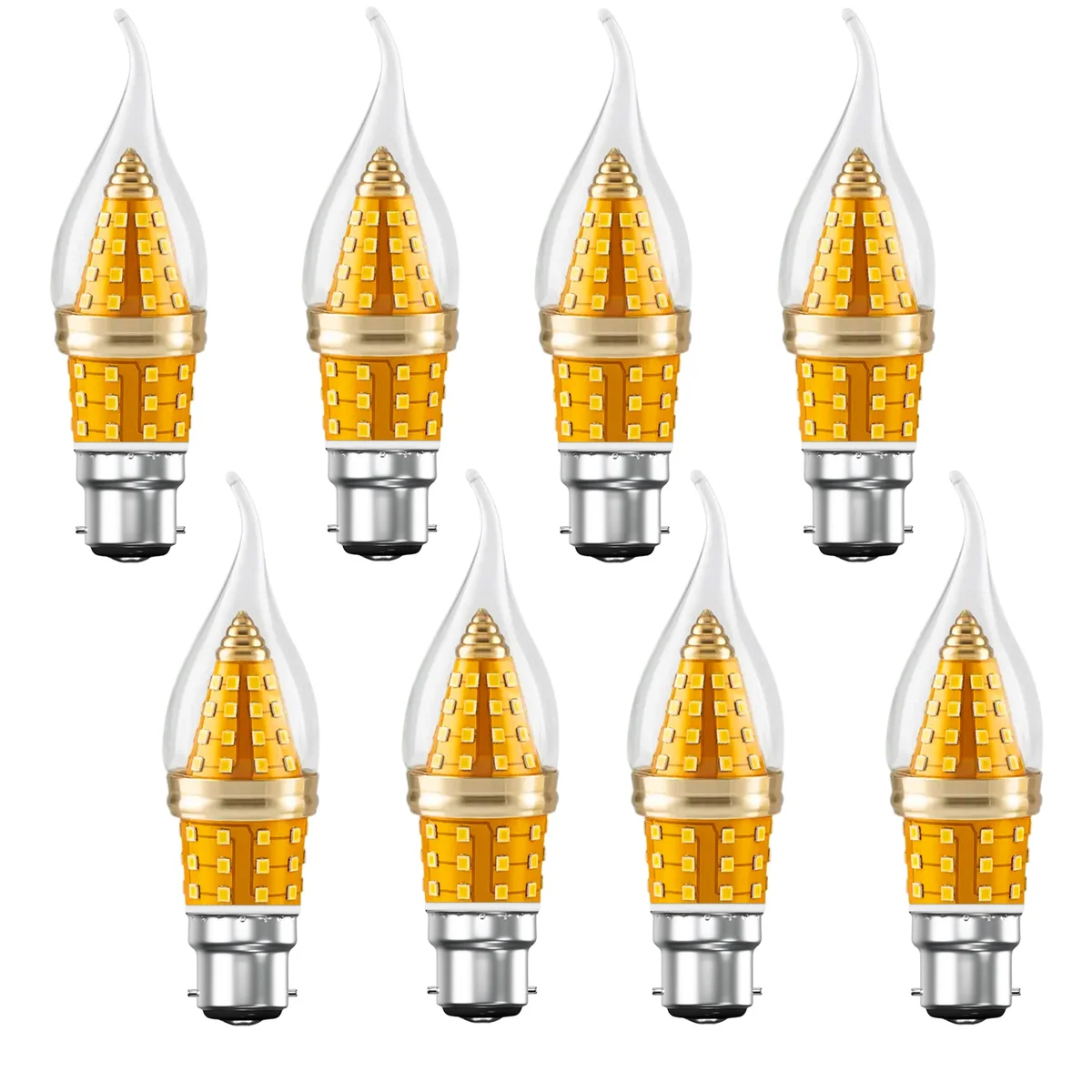 Amber flame tip 12W LED candle bulb with B22 screw base, vintage style, 12cm tall, glowing warm light indoors