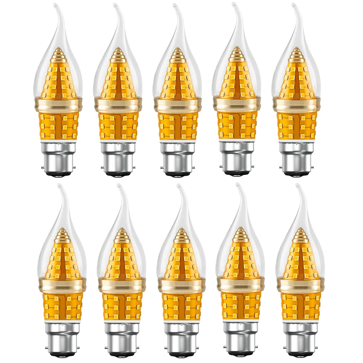 Amber flame tip 12W LED candle bulb with B22 screw base and vintage glass design against white background