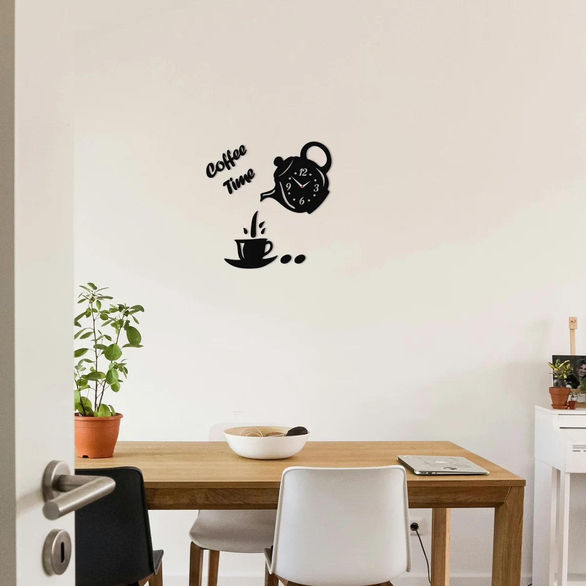 Coffee cup shaped decorative wall clock with 3D numbers, frameless acrylic design for modern home decor