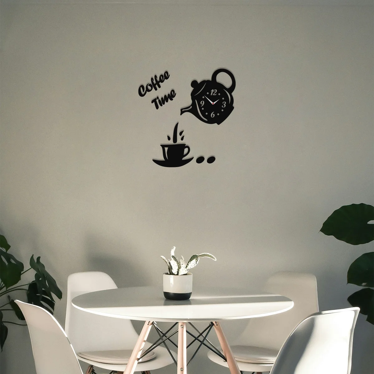 3D wall clock in acrylic with coffee cup teapot design and large numbers, frameless for modern wall decoration