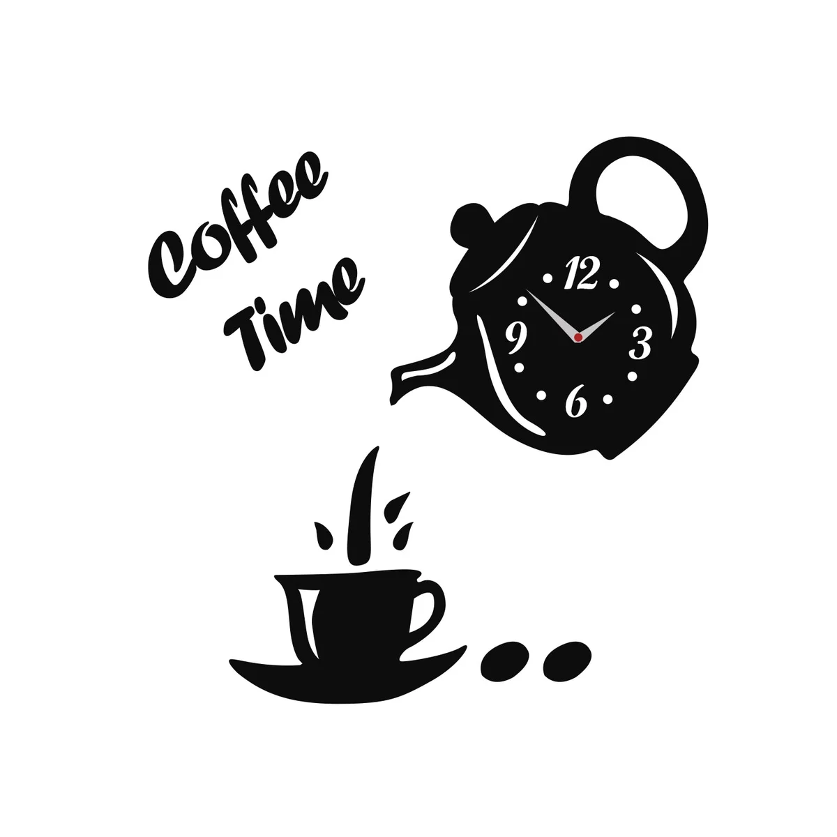 Modern clock design with 3D large numbers shaped like a coffee cup teapot, frameless acrylic wall clock sticker