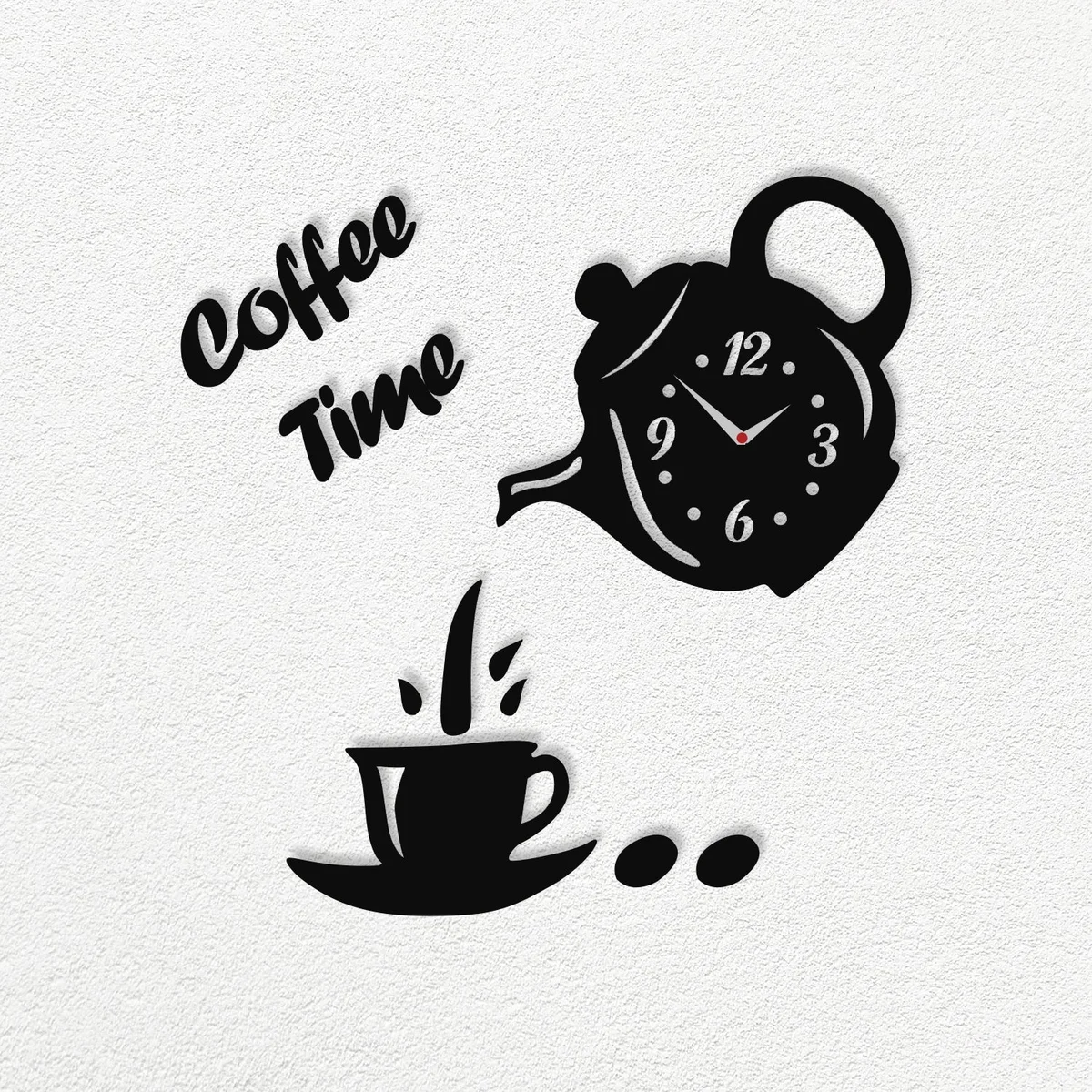 Adjustable size clock with 3D coffee cup teapot design, large numbers, frameless acrylic wall sticker clock in modern style