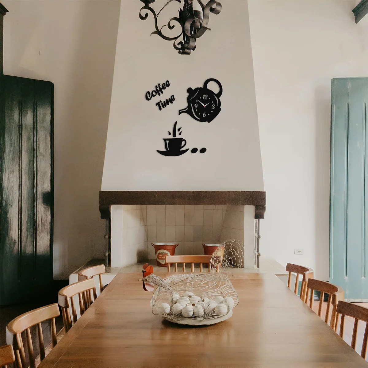Coffee cup shaped acrylic wall clock with 3D numbers mounted on a smooth living room wall, frameless design visible