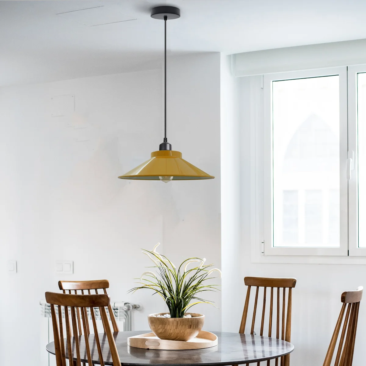 Vintage industrial pendant light with 32cm metal cone shade and adjustable hanging cable in matte finish