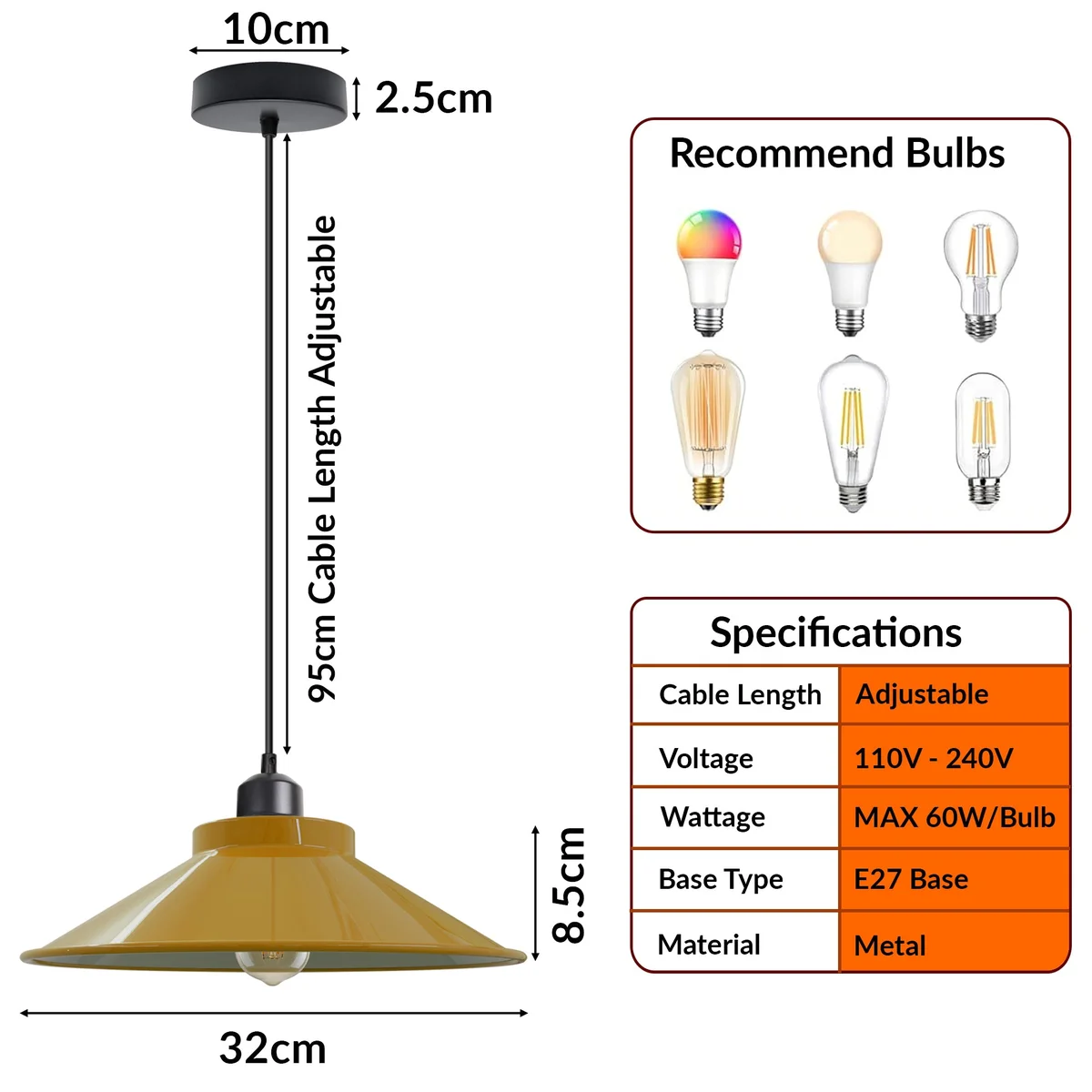Adjustable vintage industrial metal cone pendant light with 32cm wide metal shade and 95cm hanging cable on white background