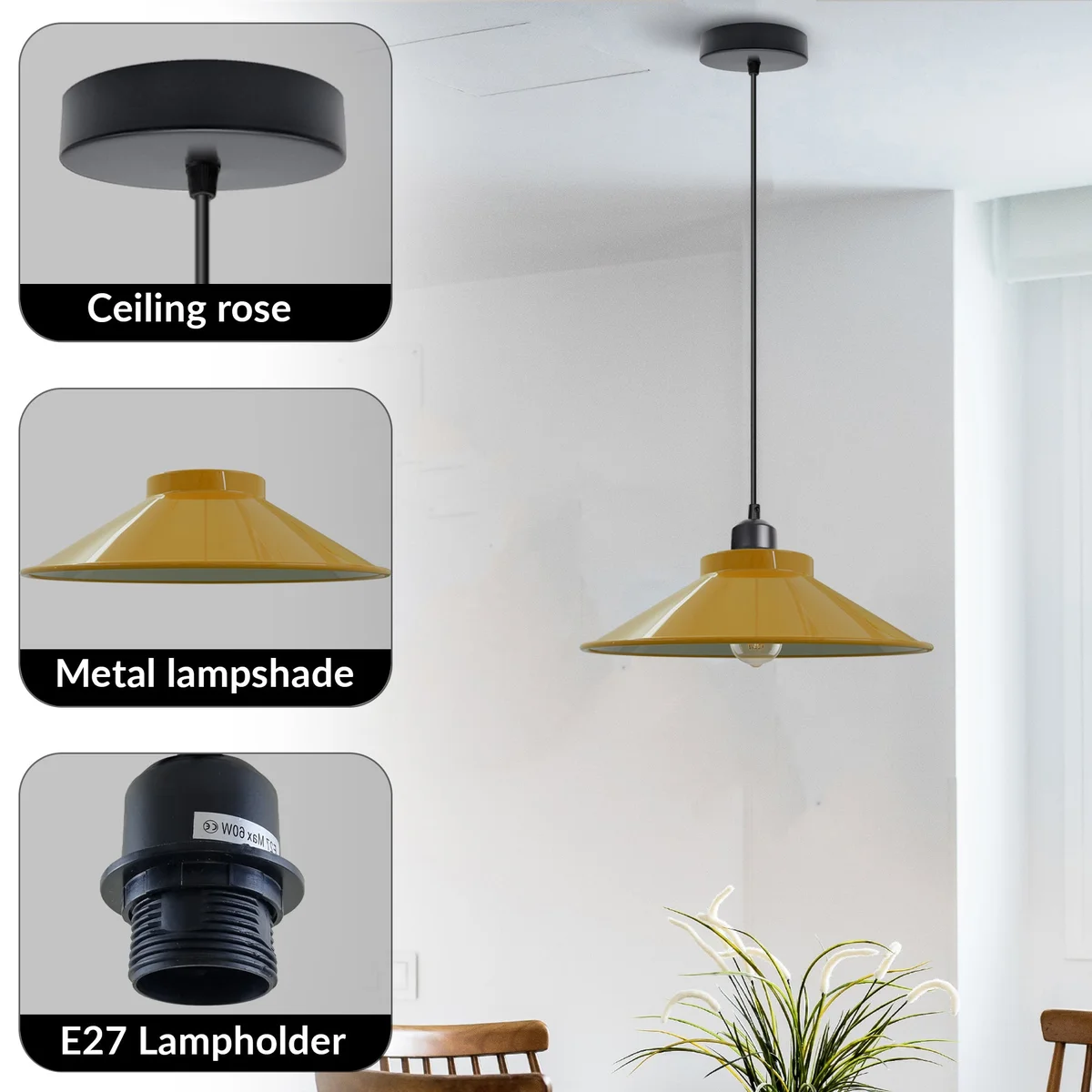Adjustable vintage industrial style ceiling light with 32cm metal cone shade and 95cm hanging cable against white background