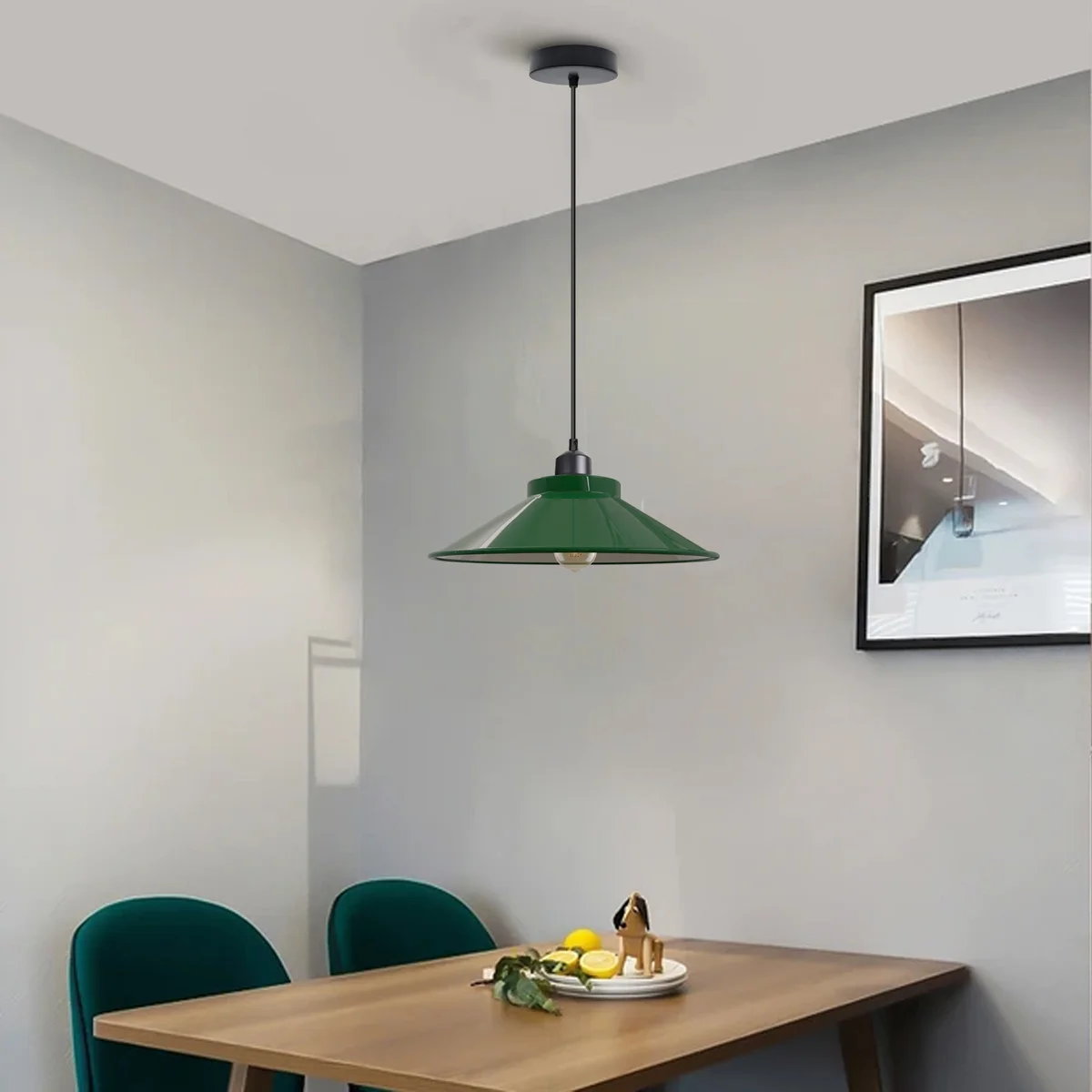 Vintage industrial pendant light with adjustable 32cm metal cone shade and 95cm cable hanging from ceiling rose