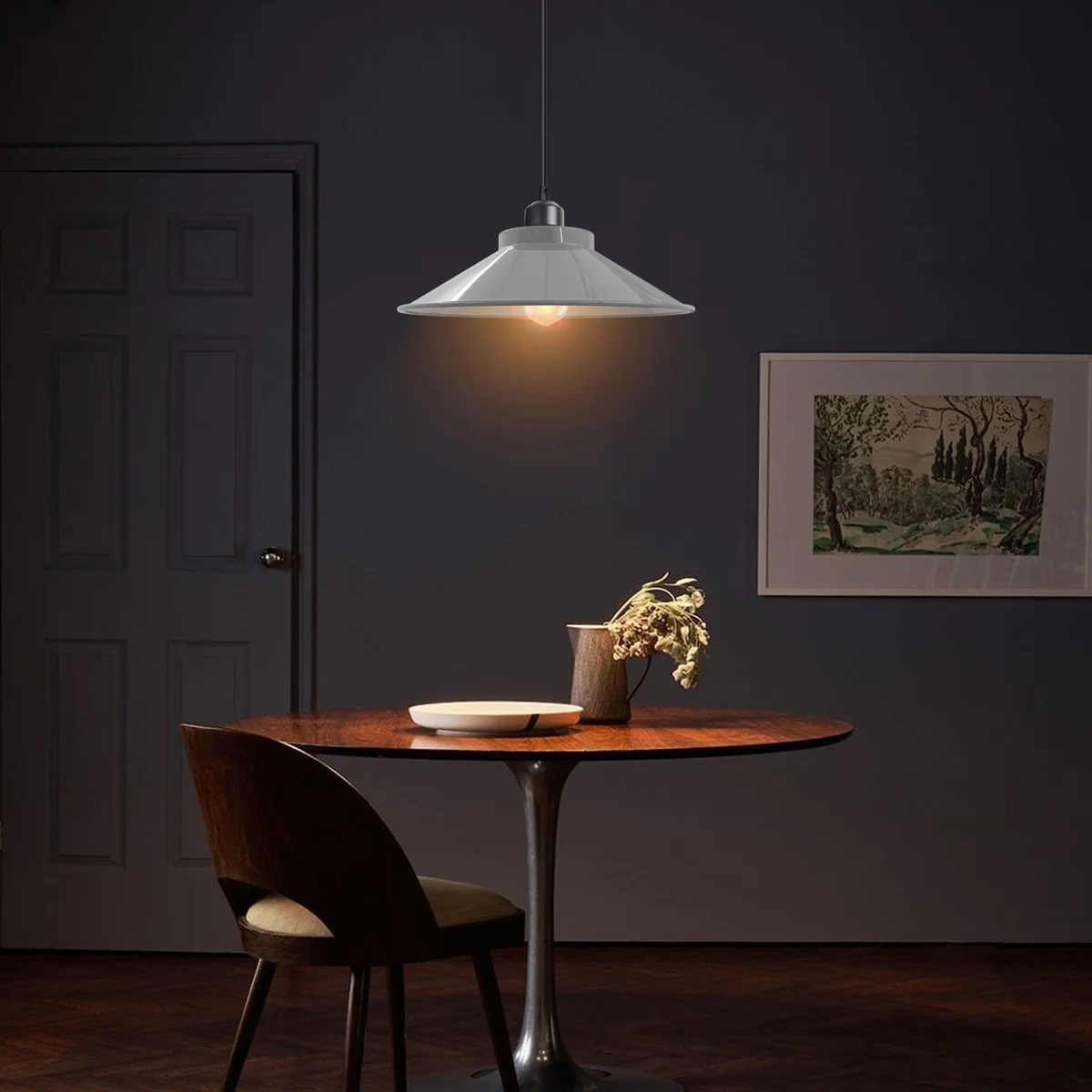 Vintage industrial pendant light with adjustable metal cone shade and E27 fitting hanging from ceiling on slanted rose