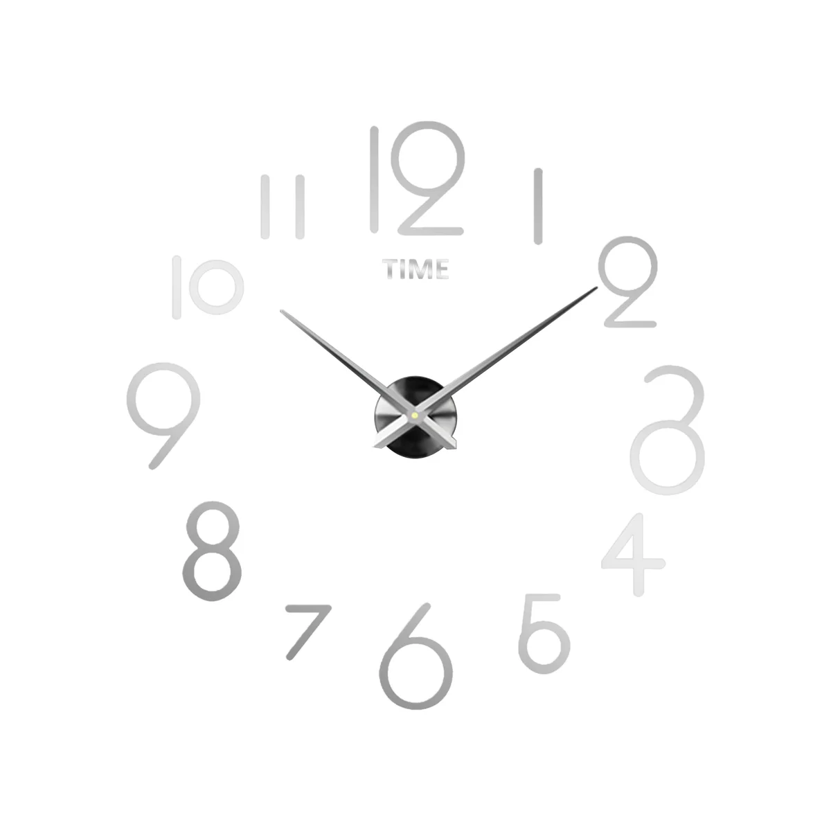 Modern wall clock with large 3D mirror number stickers arranged on a white wall in a minimalist living room setting