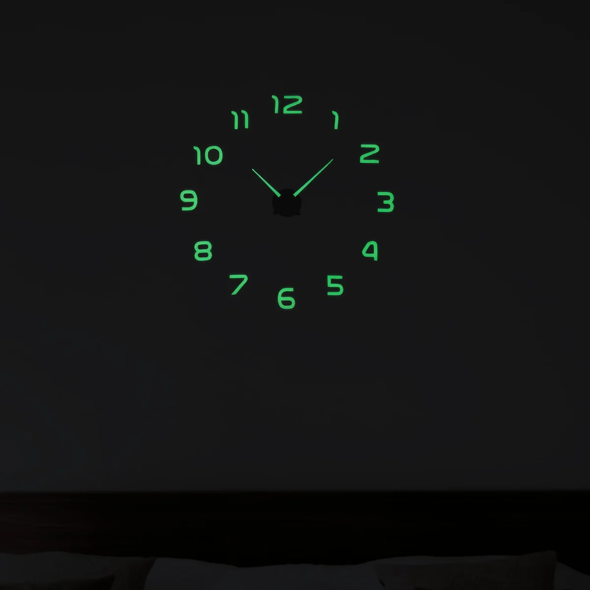 Modern glow wall clock with large 3D dark glow numbers, frameless design, suitable for smooth indoor walls