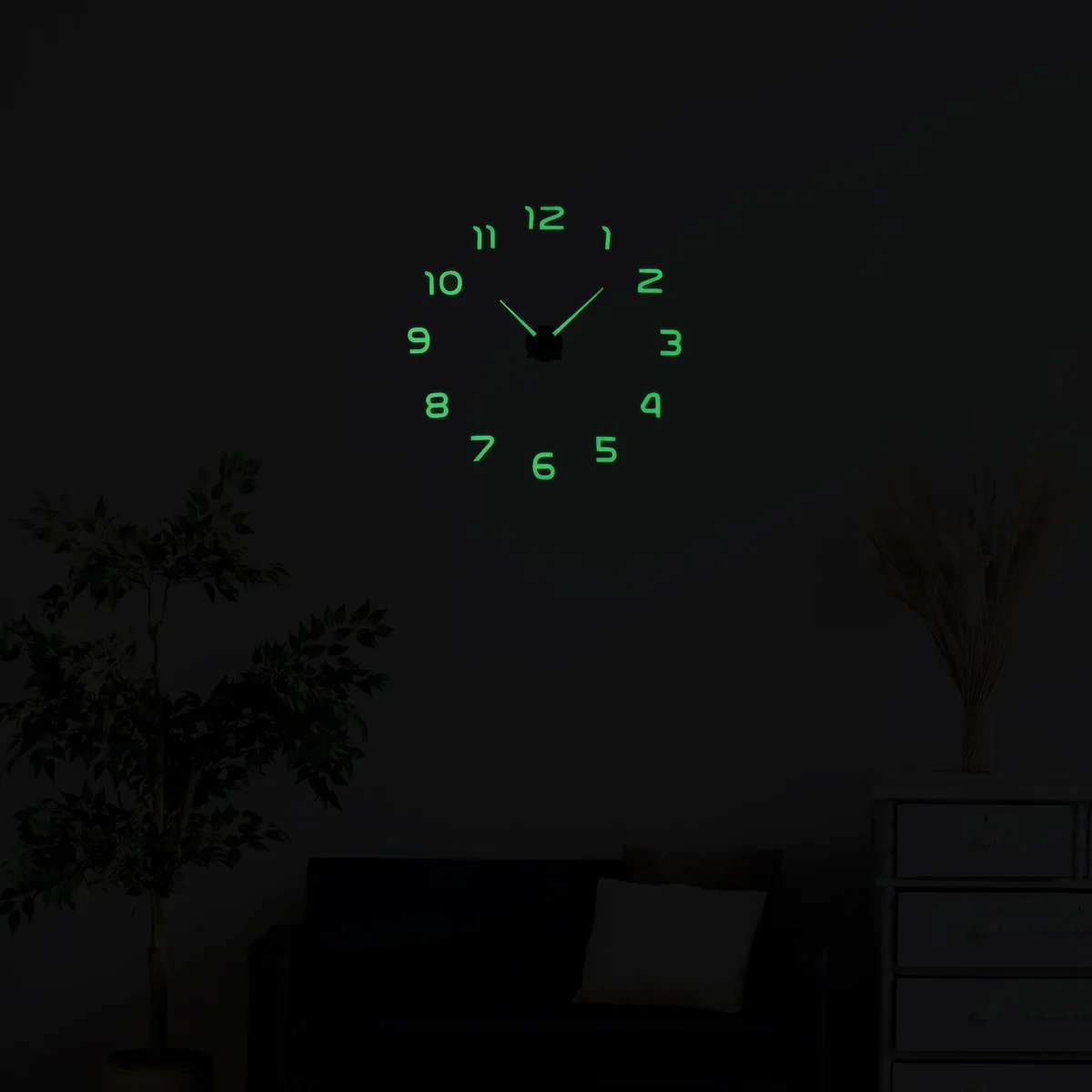 Modern frameless 3d wall clock with large glowing numbers on a smooth dark wall in a bedroom setting
