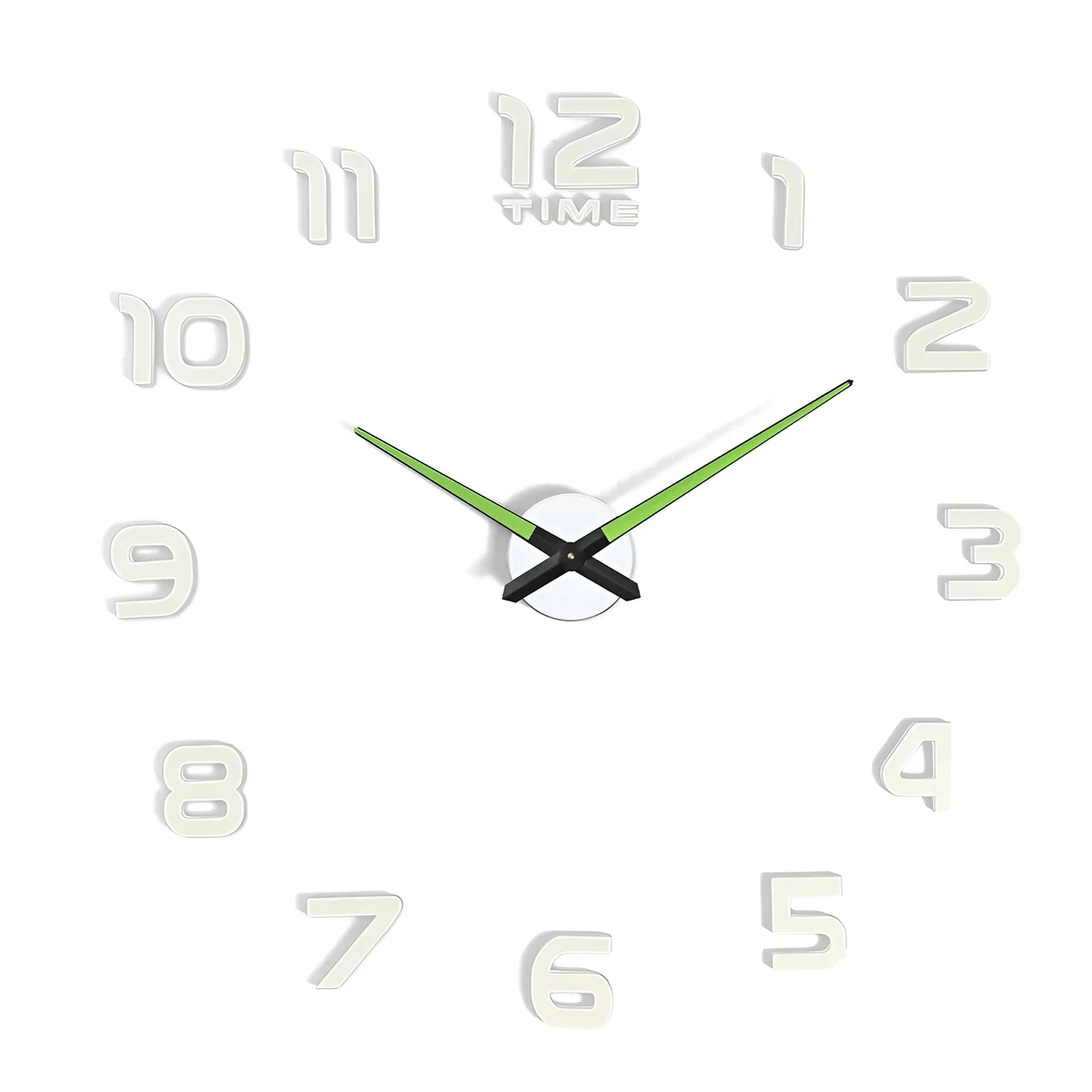 Modern frameless dark glow clock with large 3D numbers glowing softly on a smooth wall in a bedroom setting