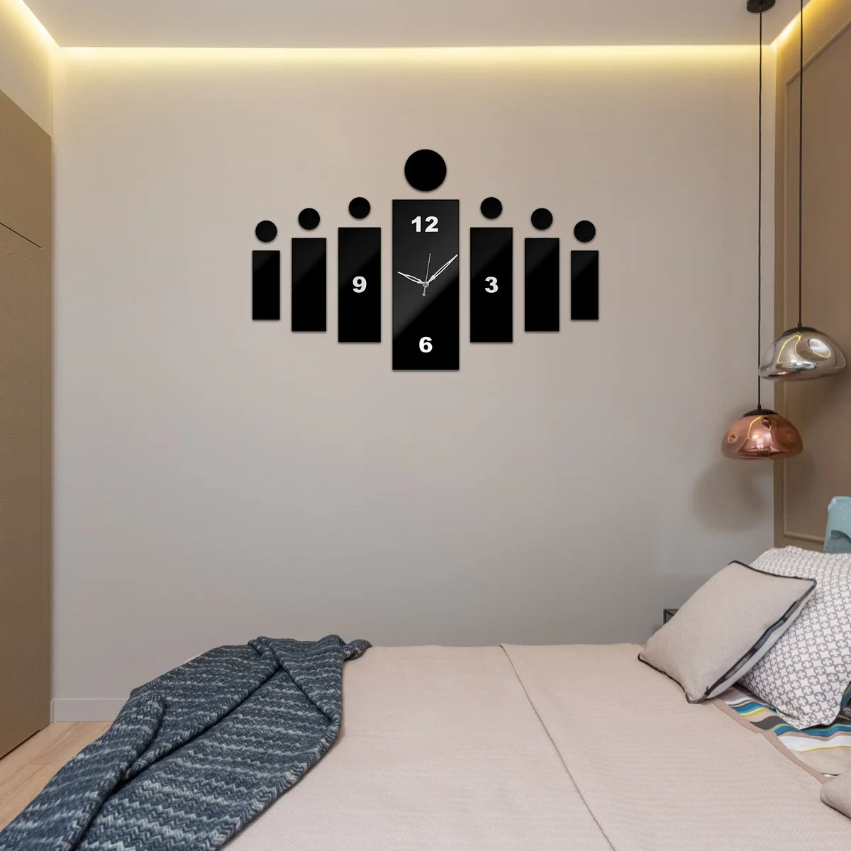 Large 3D wall clock with frameless modern design, acrylic numbers on a smooth white wall in a living room setting