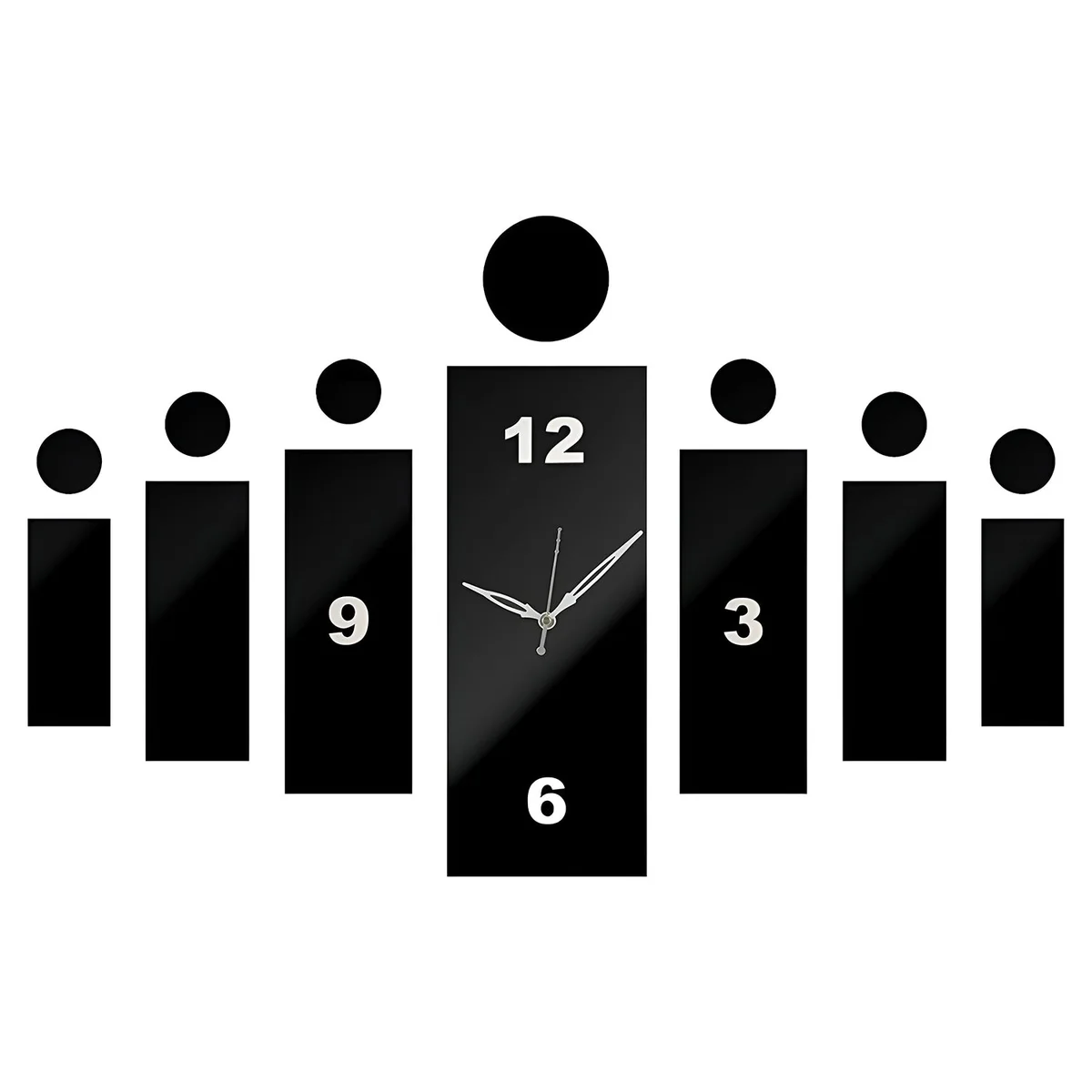 Modern frameless adjustable size wall clock with large 3D numbers on a smooth white wall in living room setting