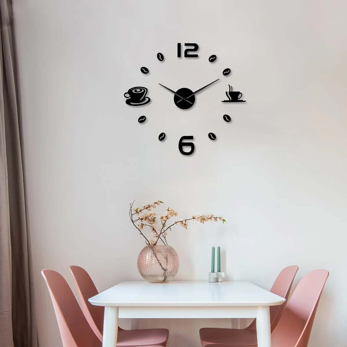 Modern frameless wall clock with large 3D numbers and coffee time design, suitable for smooth indoor walls