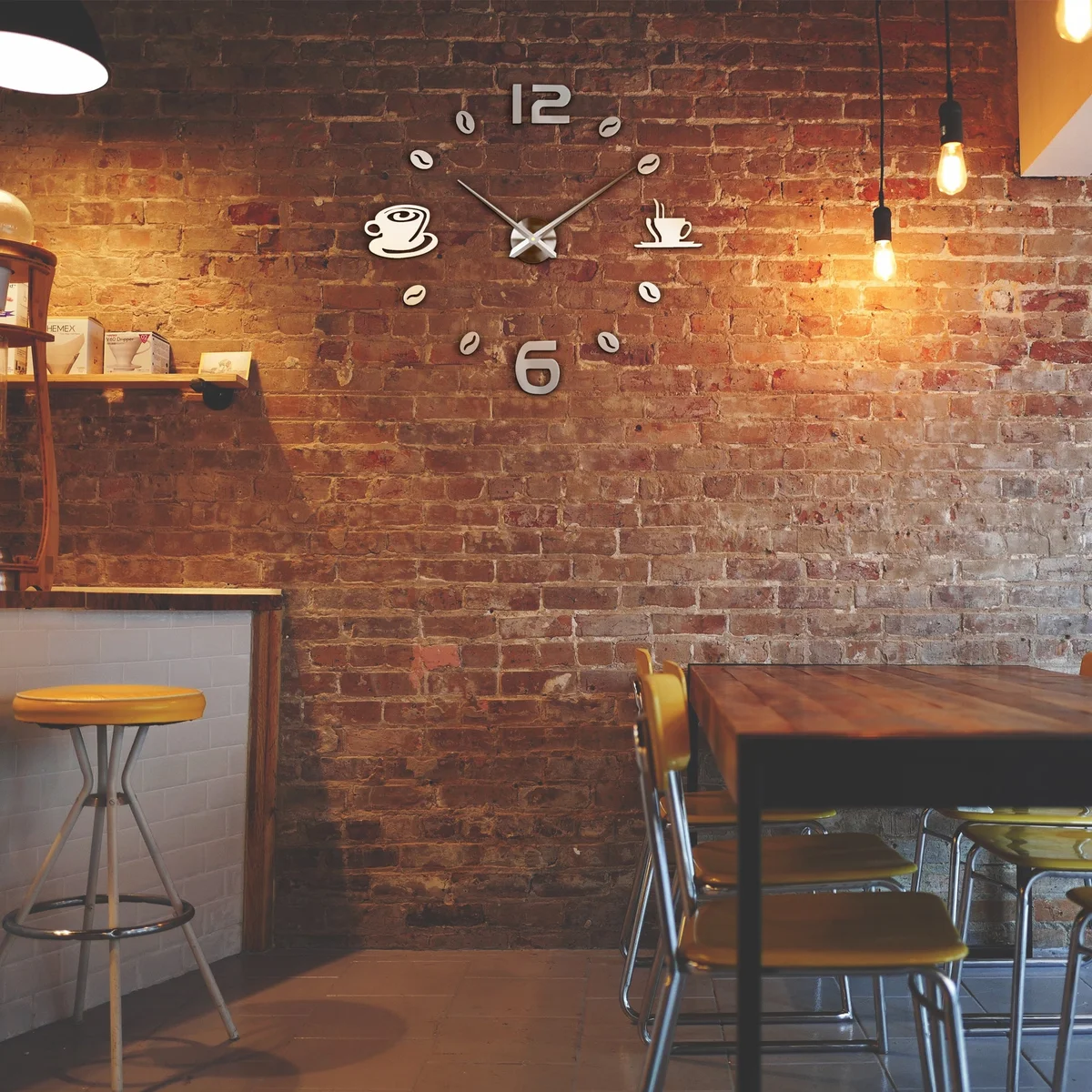 Modern frameless 3D number wall clock sticker with large coffee time numbers on a smooth indoor wall background