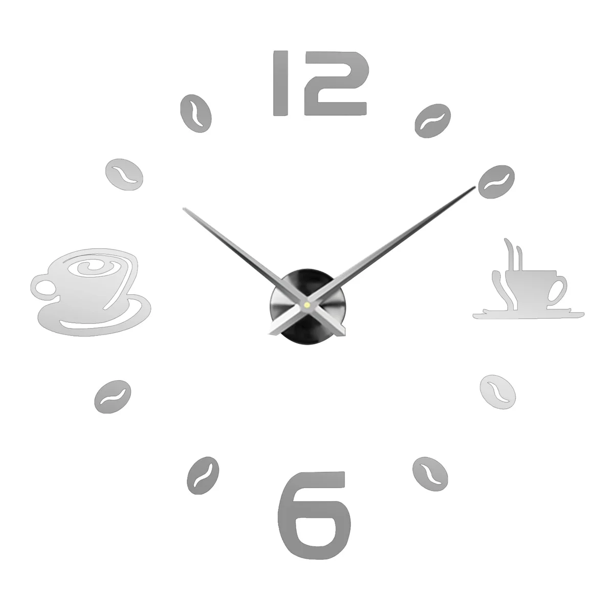 Modern frameless coffee time wall clock with large 3D numbers and sticker design on smooth indoor wall background