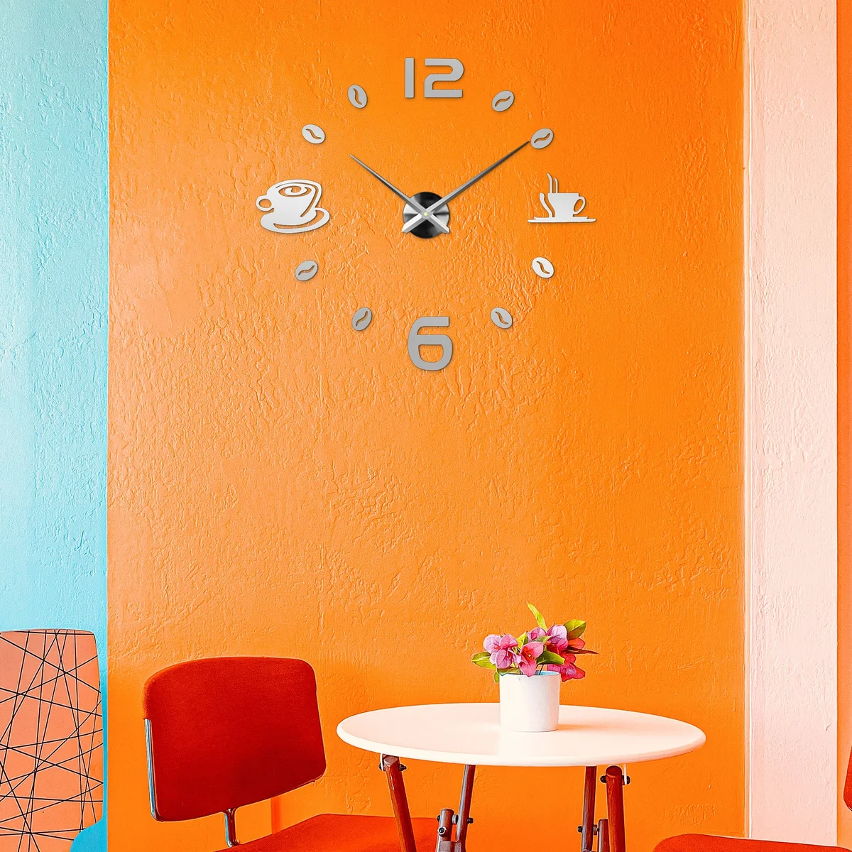 Modern frameless wall clock with large 3D numbers and adjustable size clock design on smooth living room wall