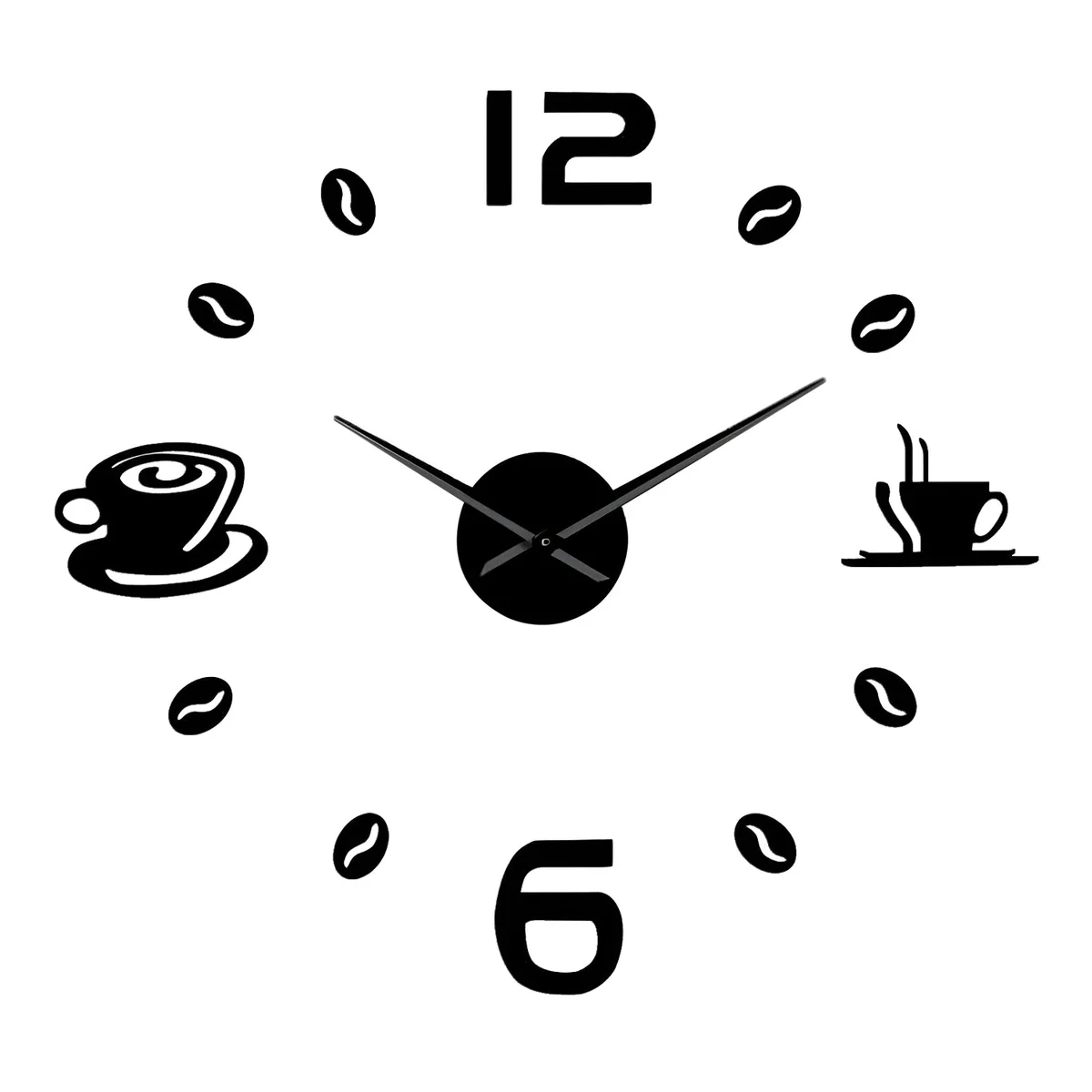 Modern frameless acrylic wall clock with large 3D numbers and coffee time design on a smooth white wall background
