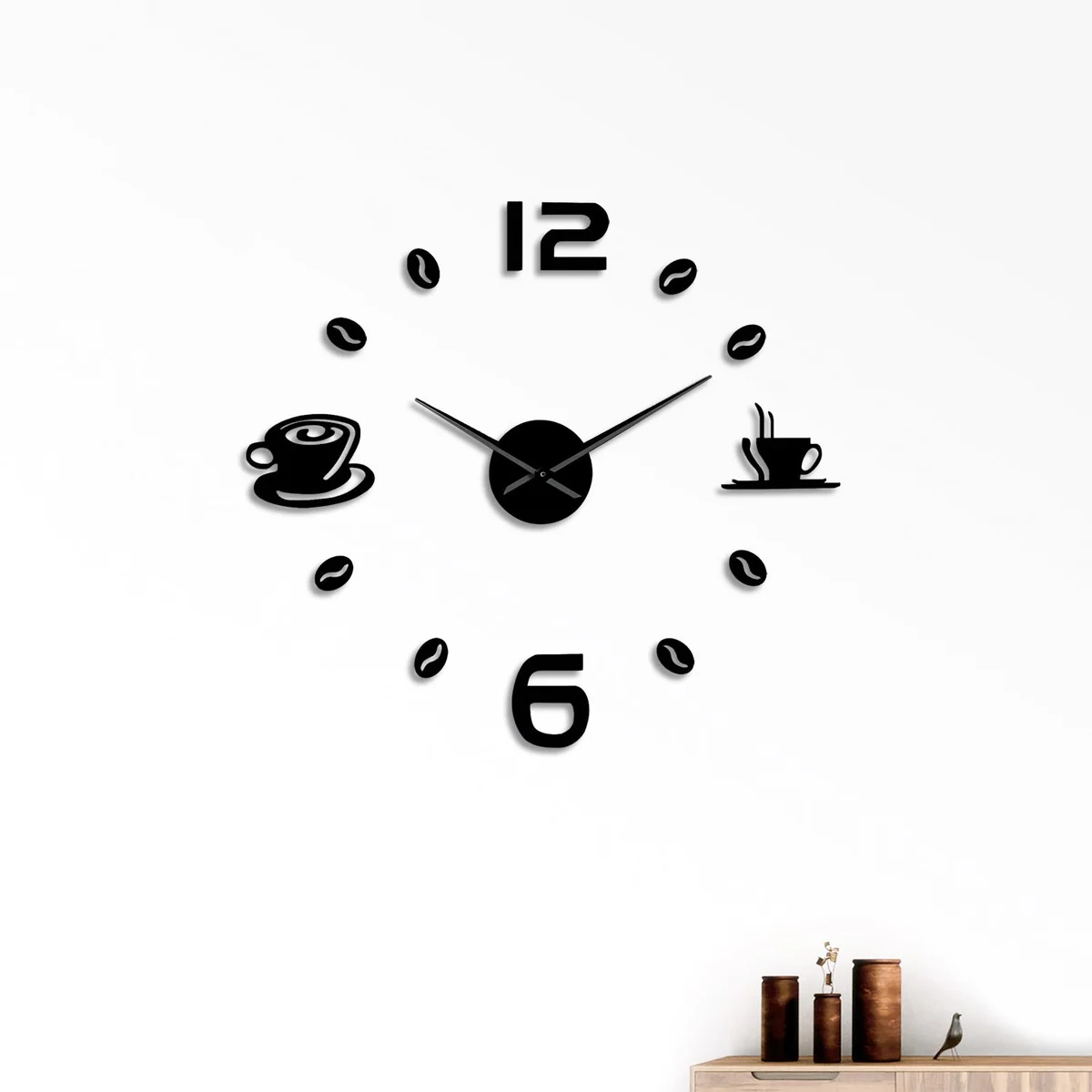 Modern frameless wall clock with 3D coffee time numbers on a smooth wall in a living room setting
