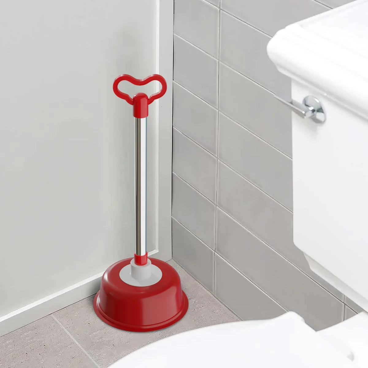 Heavy duty toilet plunger with vacuum rubber suction cup and plastic handle, 51 cm long, designed for unblocking toilets and drains