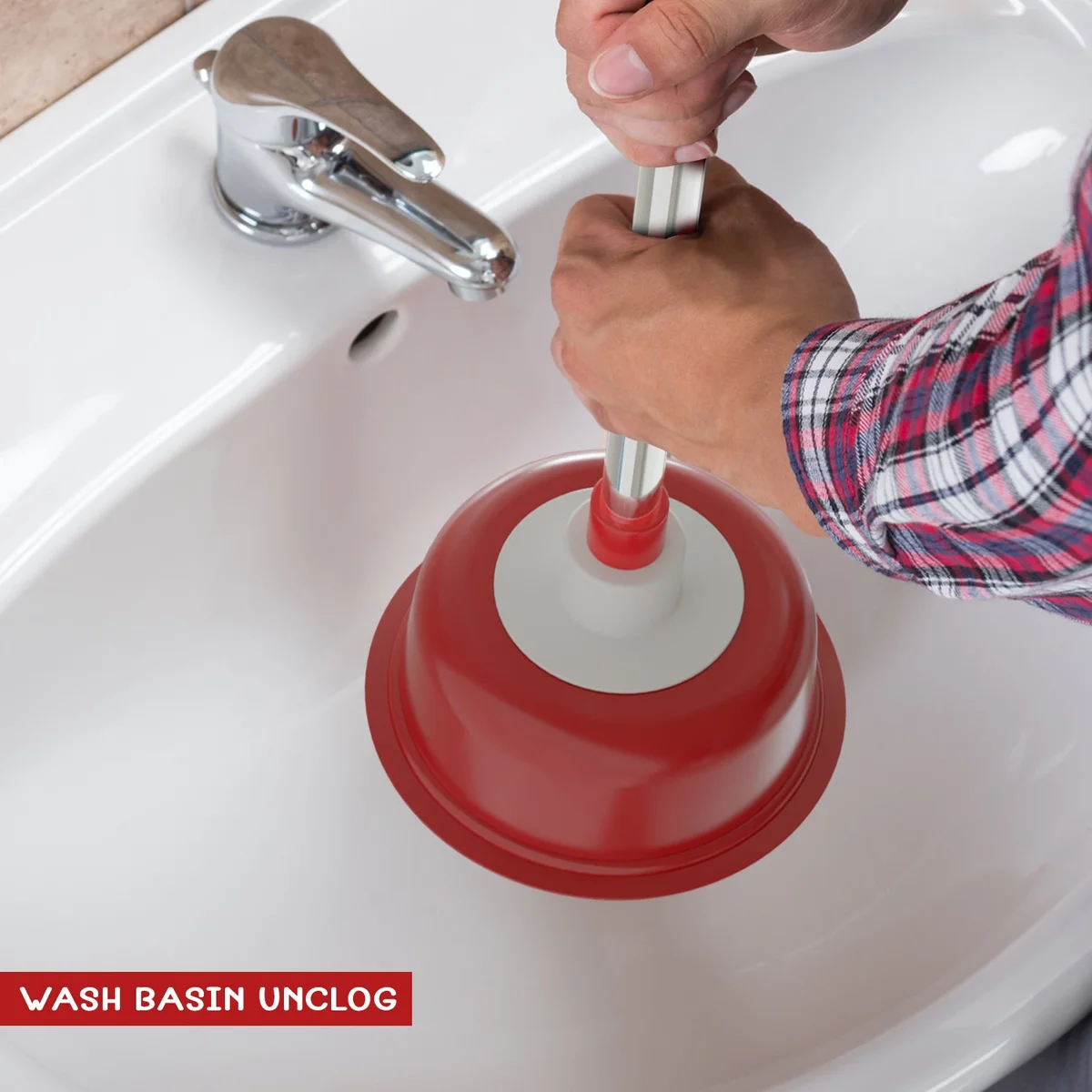 Heavy duty bathroom sink plunger with vacuum rubber cup and plastic handle for clearing blockages in sinks and toilets
