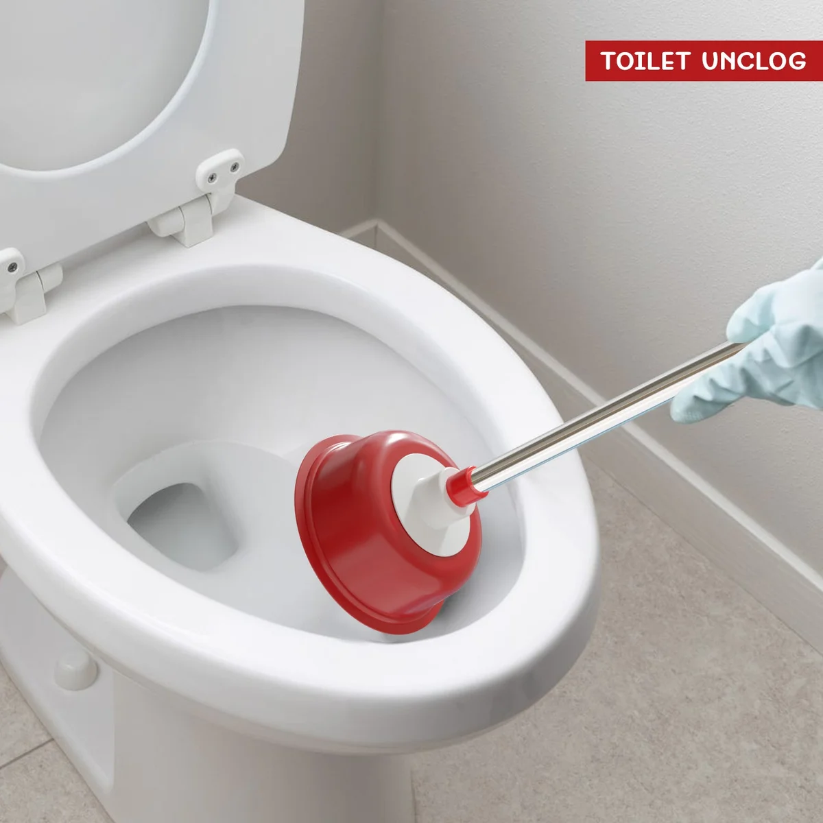 Durable rubber plunger with vacuum suction cup and plastic handle standing upright on white background