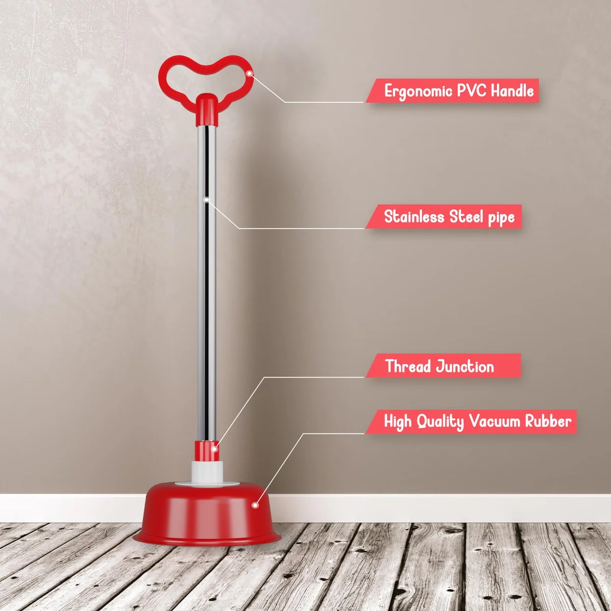 Heavy duty toilet plunger with vacuum rubber suction cup and plastic handle, 51cm long, designed for unblocking toilets and drains