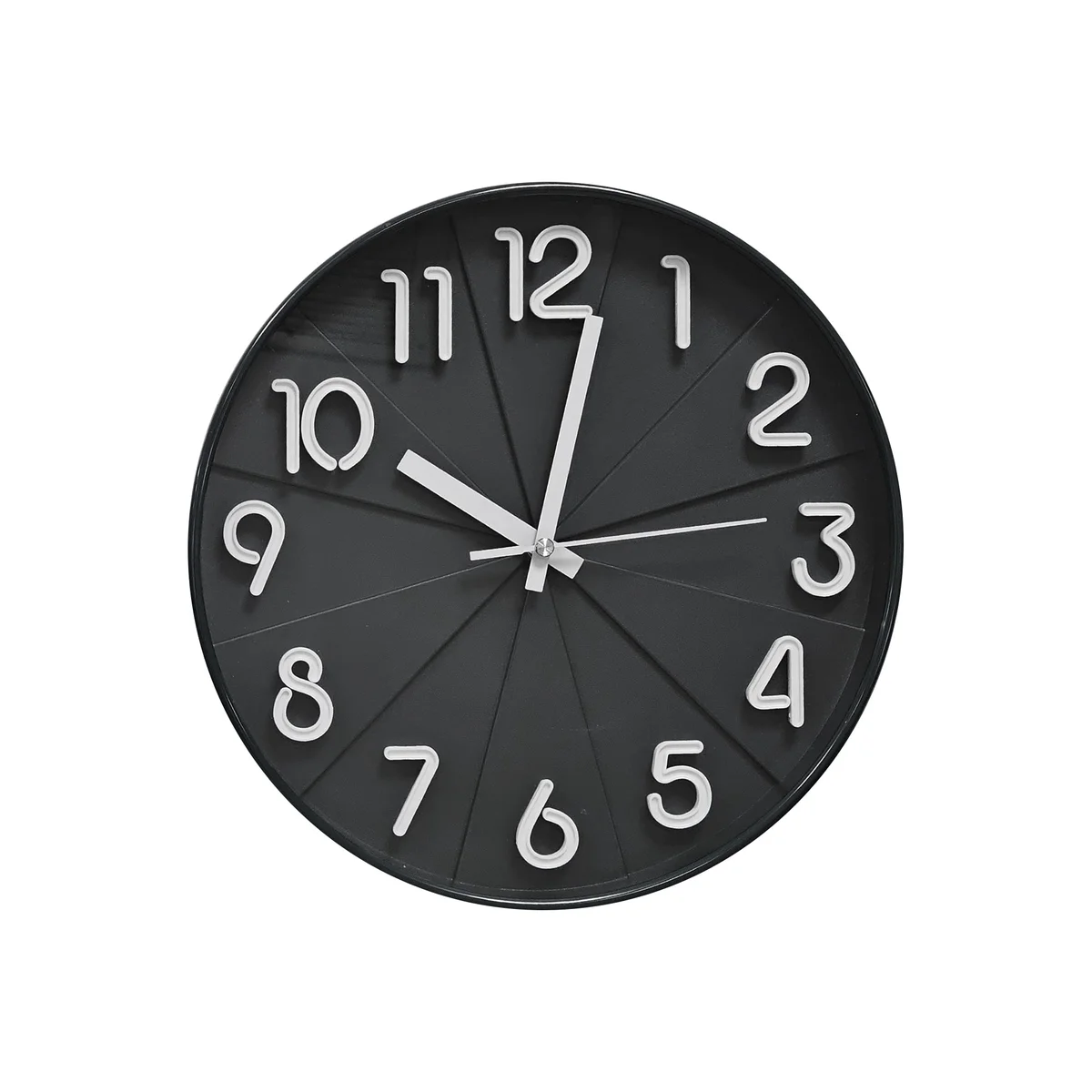 Round black battery powered clock with white numbers and hands on a black background, silent non-ticking design