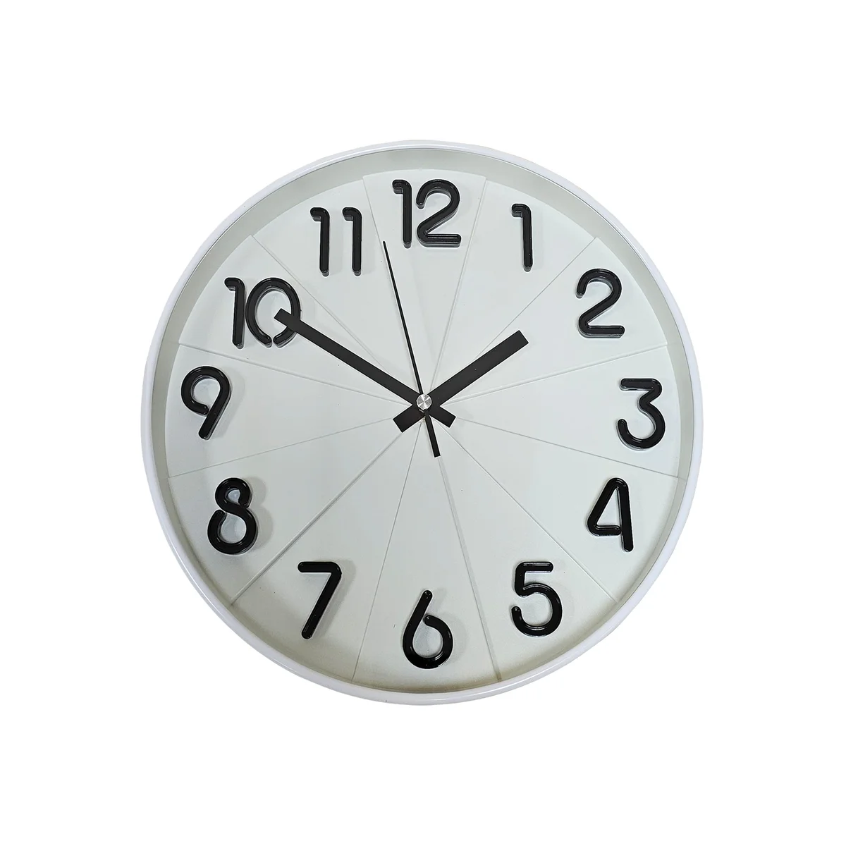 Round classic style clock with black face, white numbers and hands, silent non-ticking design, plastic frame with glass cover