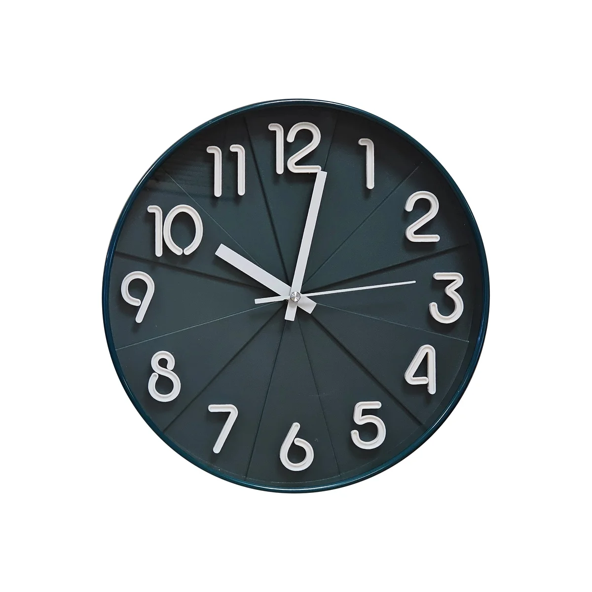 Round black indoor wall clock with white numbers and hands on black background, silent non-ticking design, plastic and glass face