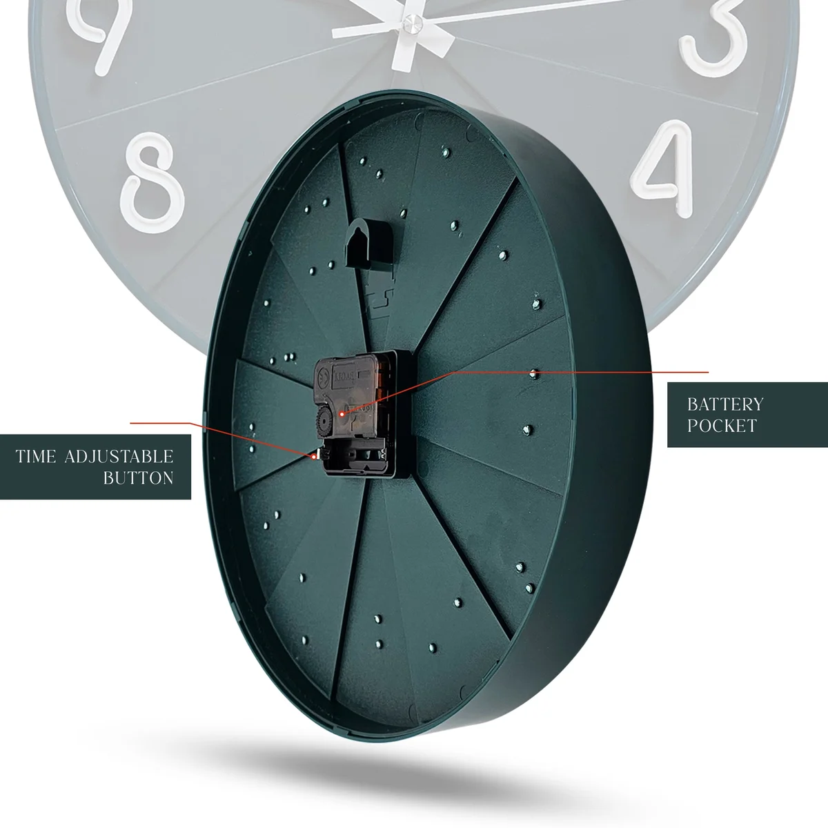 Round black silent wall clock with white numbers and hands on black background, non-ticking, with tempered glass face