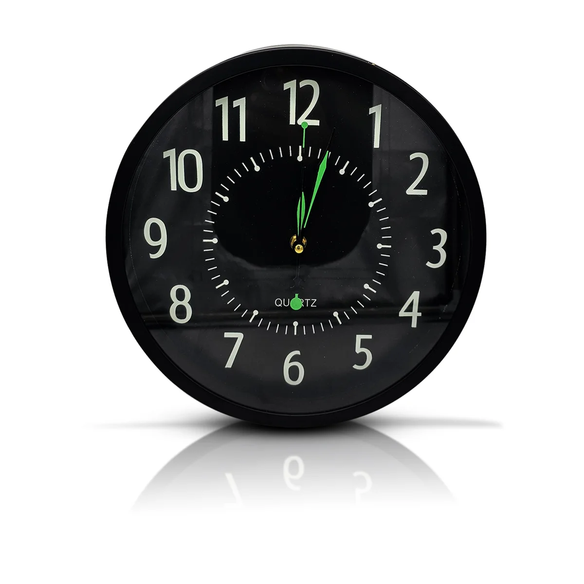Black round non ticking clock with clear white numbers and hands on a sleek black background, silent and battery powered
