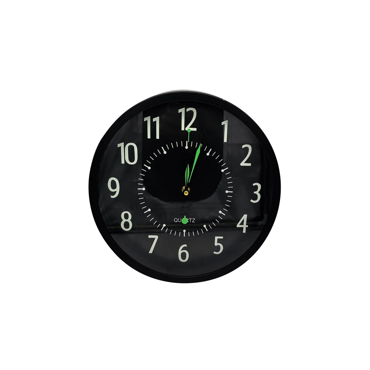 Black round plastic wall clock with white numbers and hands on black face, silent non-ticking design, hanging on wall