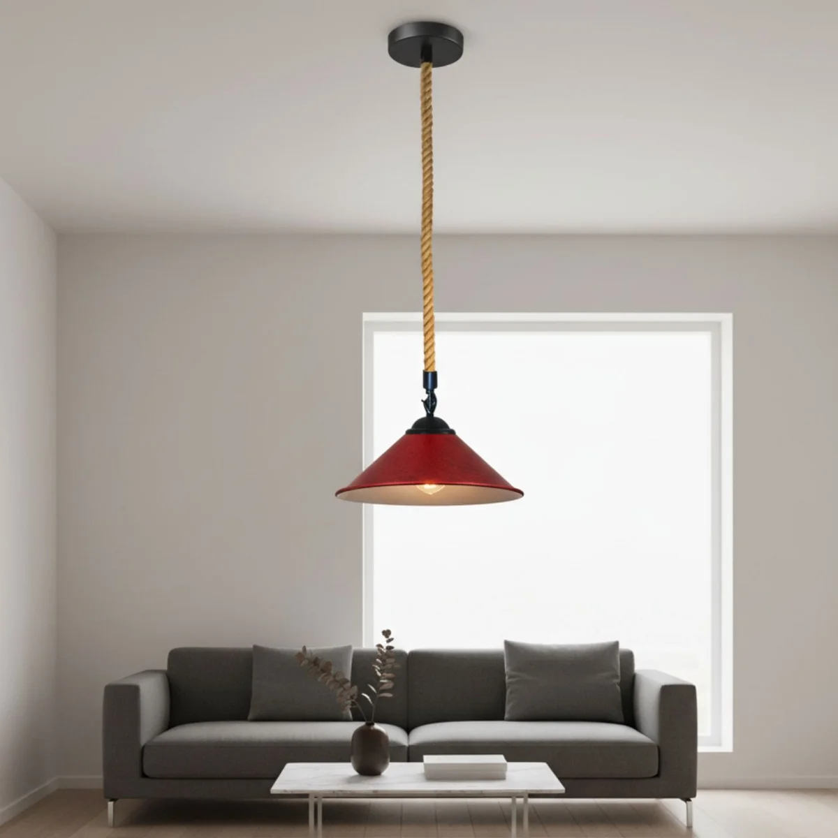 Rustic red brass pendant light with metal shade and 1m hemp rope suspension for ceiling mounting