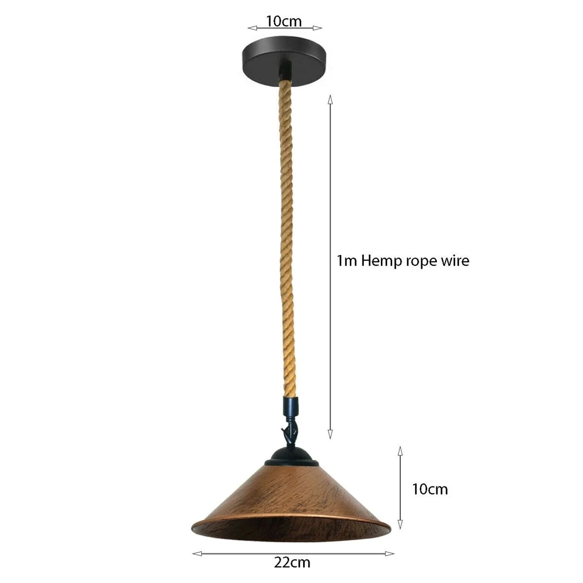 Rustic red brass modern hanging lamp with hemp rope suspension and round ceiling plate on white background