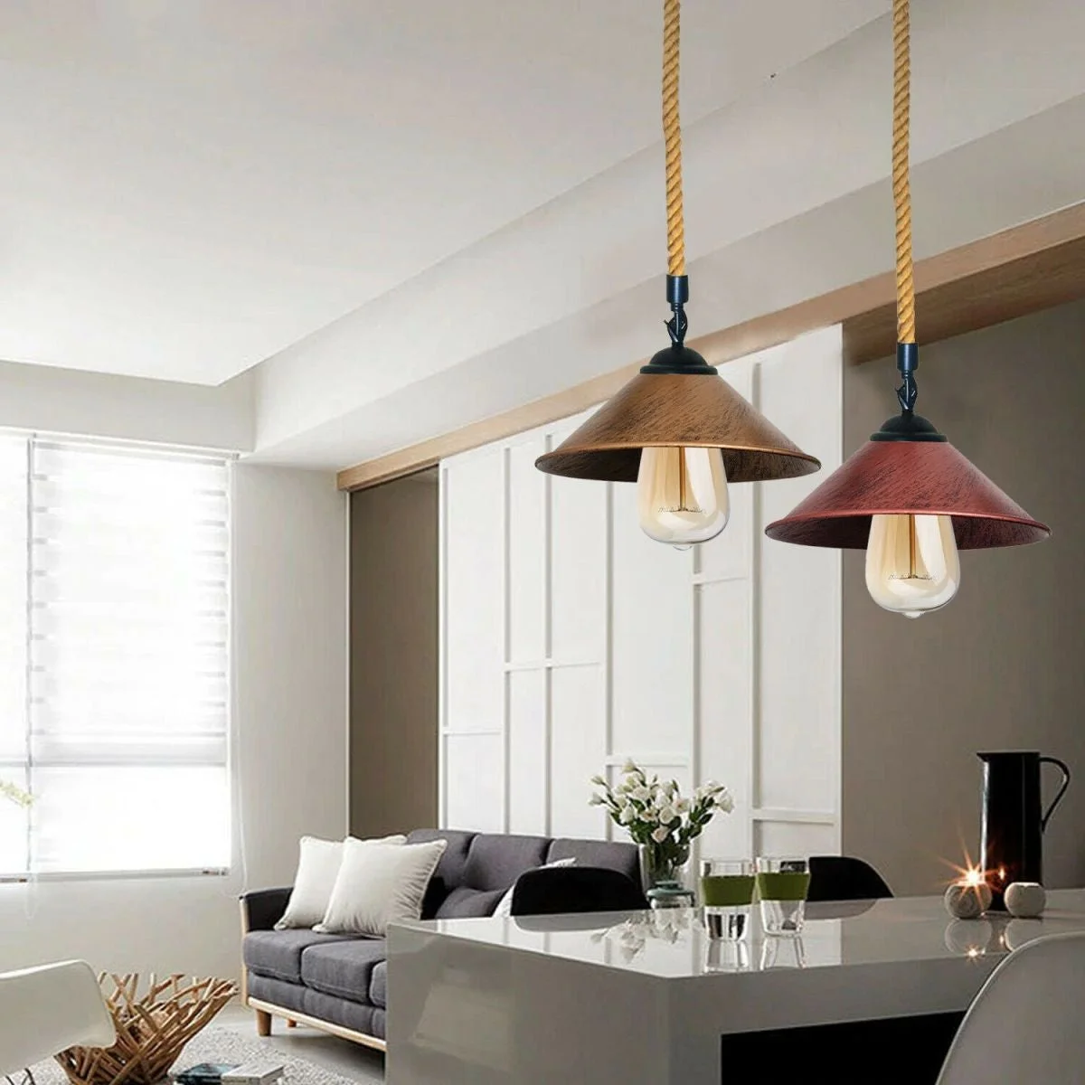 Rustic red brass pendant ceiling lamp with 1m hemp rope light suspension and metal lamp holder hanging indoors