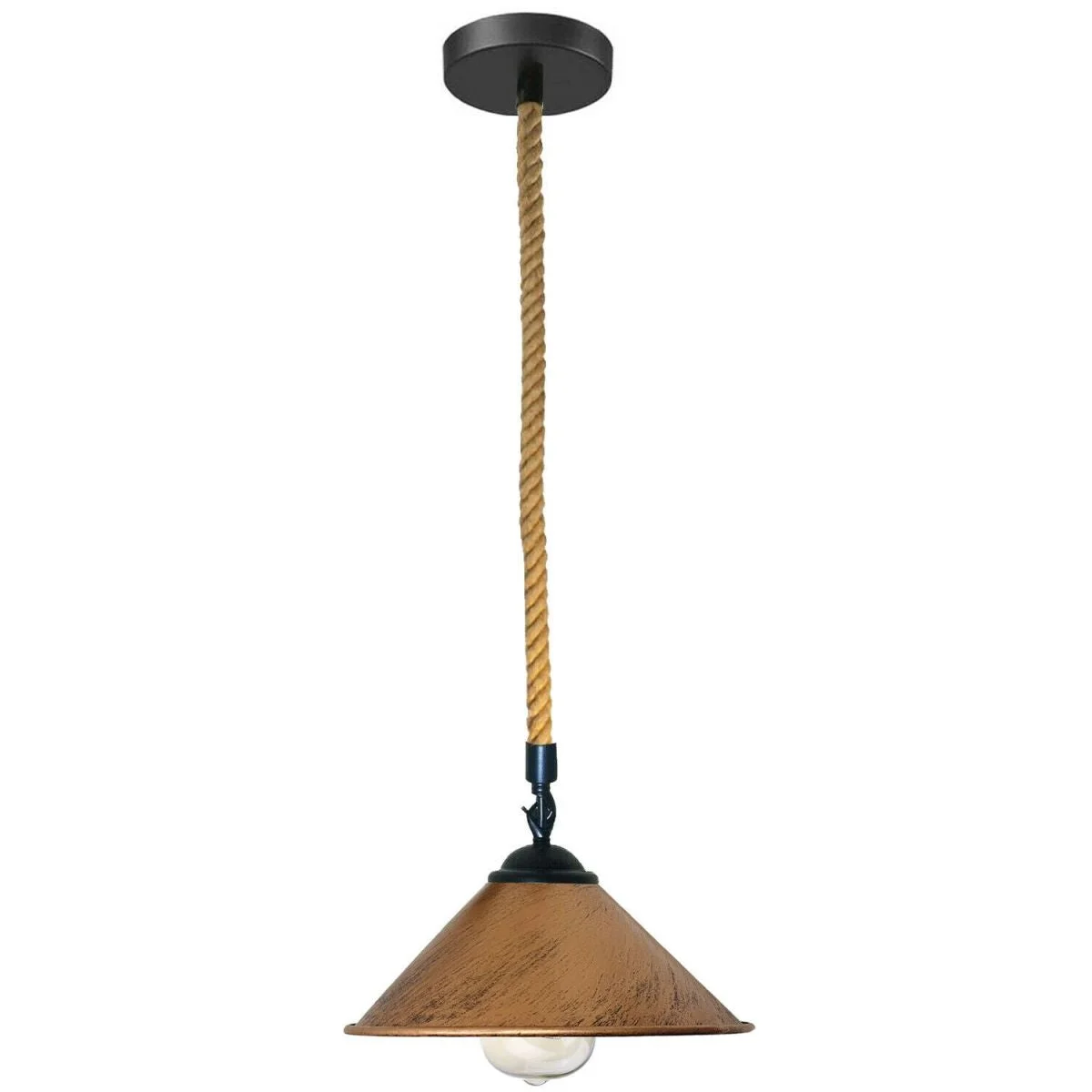 Rustic red brass pendant light with hemp rope suspension hanging from ceiling, modern industrial design, no bulb shown.