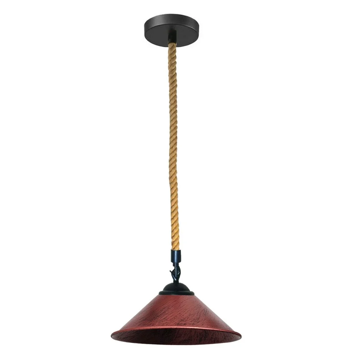 Rustic red brass pendant light with hemp rope suspension hanging from ceiling, modern industrial style, no bulb shown