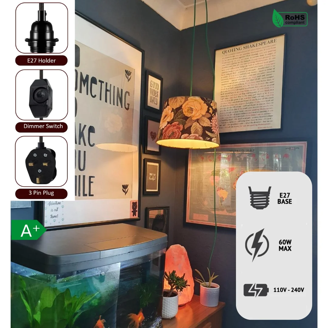 4m fabric covered plug-in cable with E27 bulb holder light in vintage style, featuring UK 3-pin plug and dimmer switch