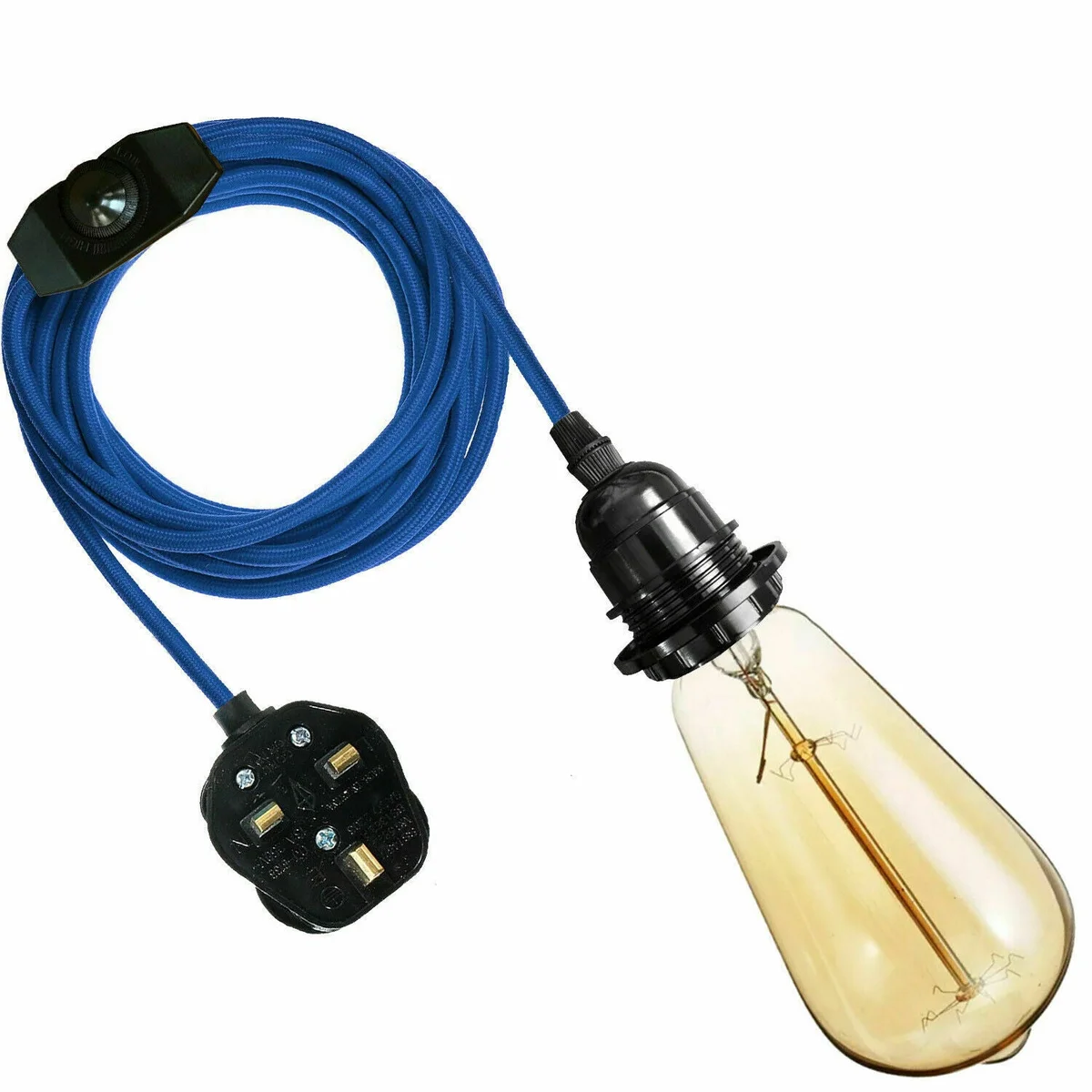 Vintage style pendant lamp with 4m fabric flex cable, E27 bulb holder, UK plug, and dimmer switch in gold color