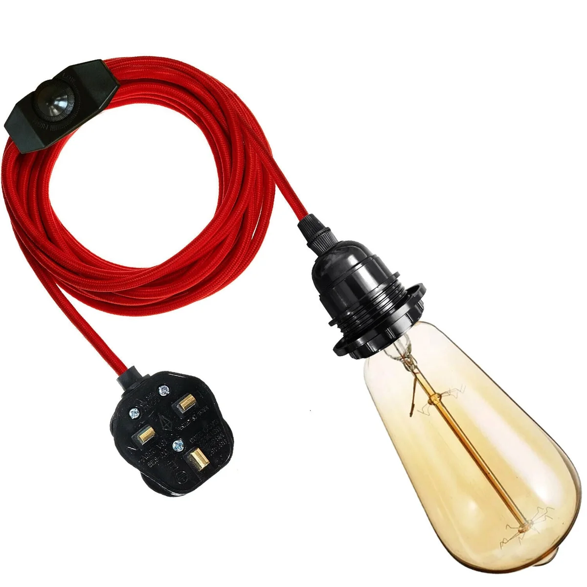 Dimmer switch pendant light with 4m fabric-covered cable, E27 bulb holder, UK plug, available in multiple colors