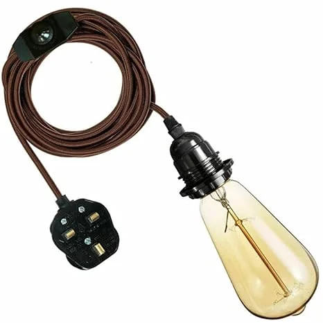 Close-up of gold fabric-covered 4m plug in pendant light with E27 bulb holder and dimmer switch plug